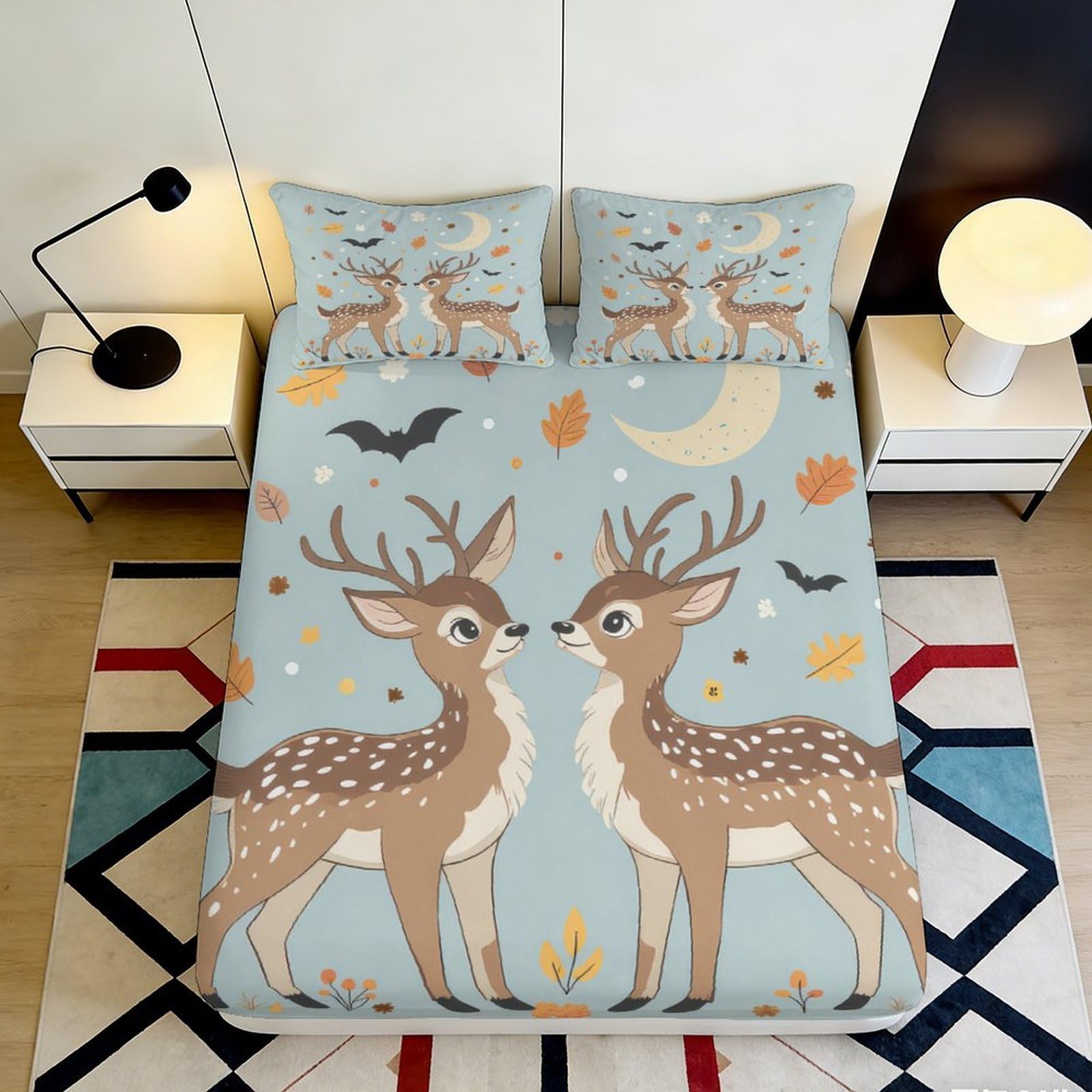 3D Printed Deer Pattern Fitted Sheet Microfiber Soft Breathable Moon and Leaves Bed Cover for Bedroom Dormitory Guest Room Mattress Protection 160x200x25cm
