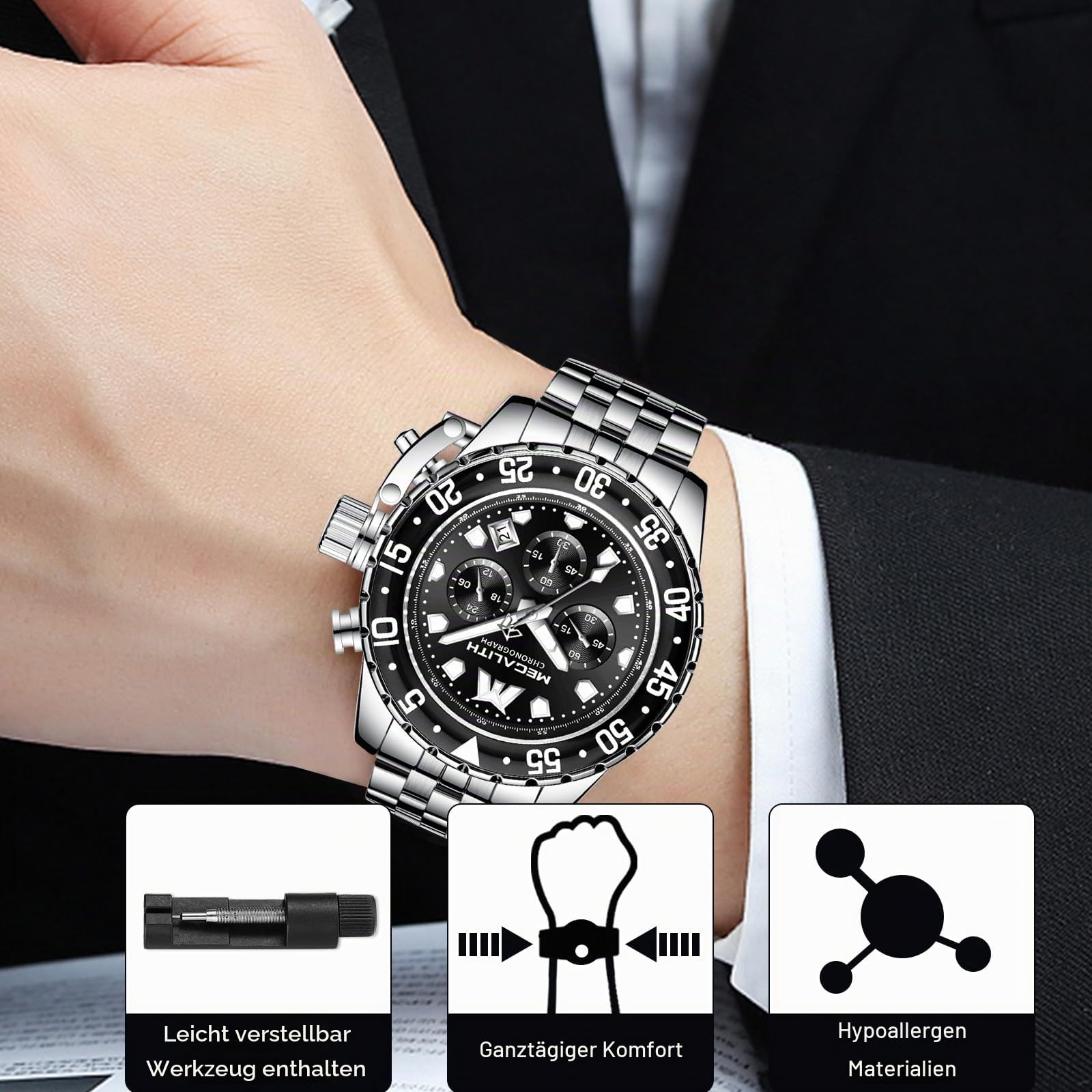 MEGALITH Herren Uhren Edelstahl Armbanduhr: Chronograph Wasserdicht Analog Quarz Herrenuhren mit Leuchtend Datum - Stilvoll Geschenke für Business Männer Jubiläum Geburtstag