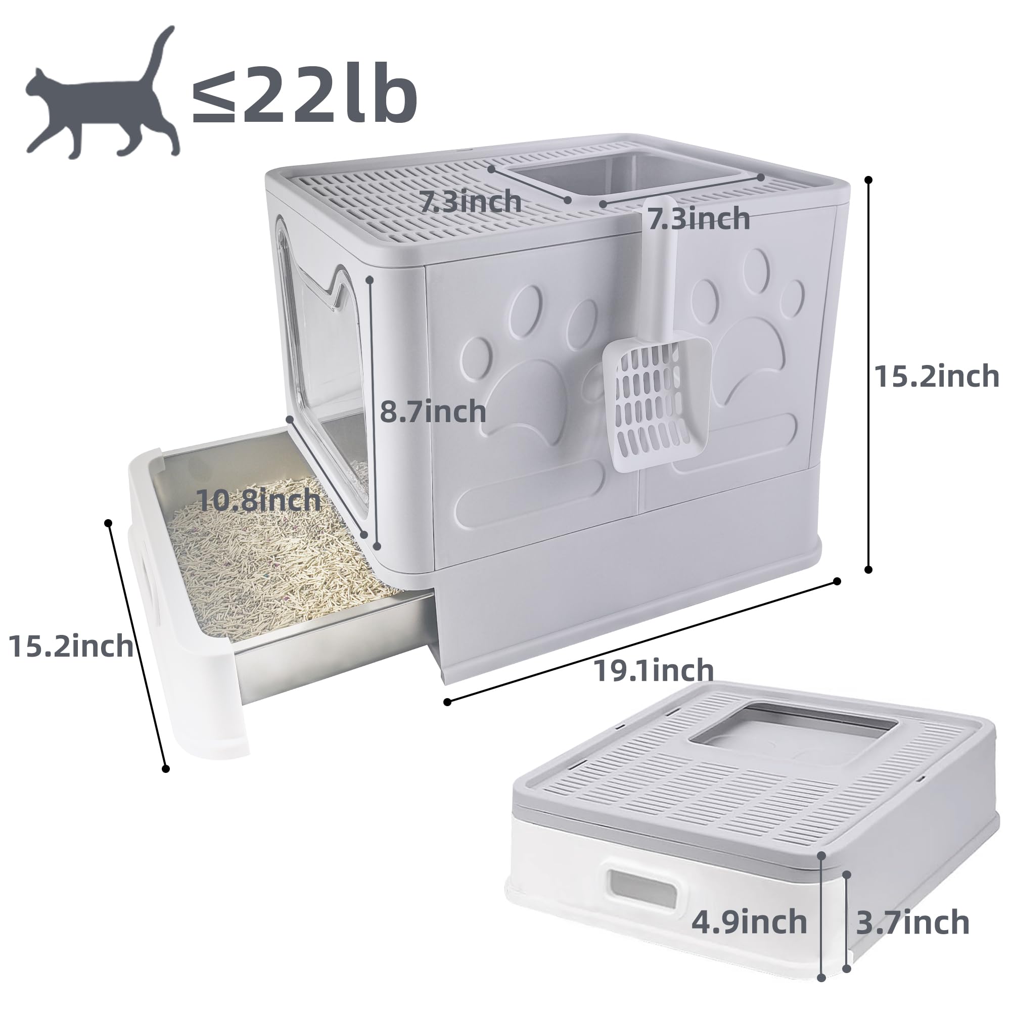Stainless Steel Foldable Litter Box with Lid,Enclosed Cat Litter Box,Front Entry Top Exit Kitty Litter Box,Large Litter Box with Cat Litter Scoop, for Small to Large Sized Cats(Gray) - image 2