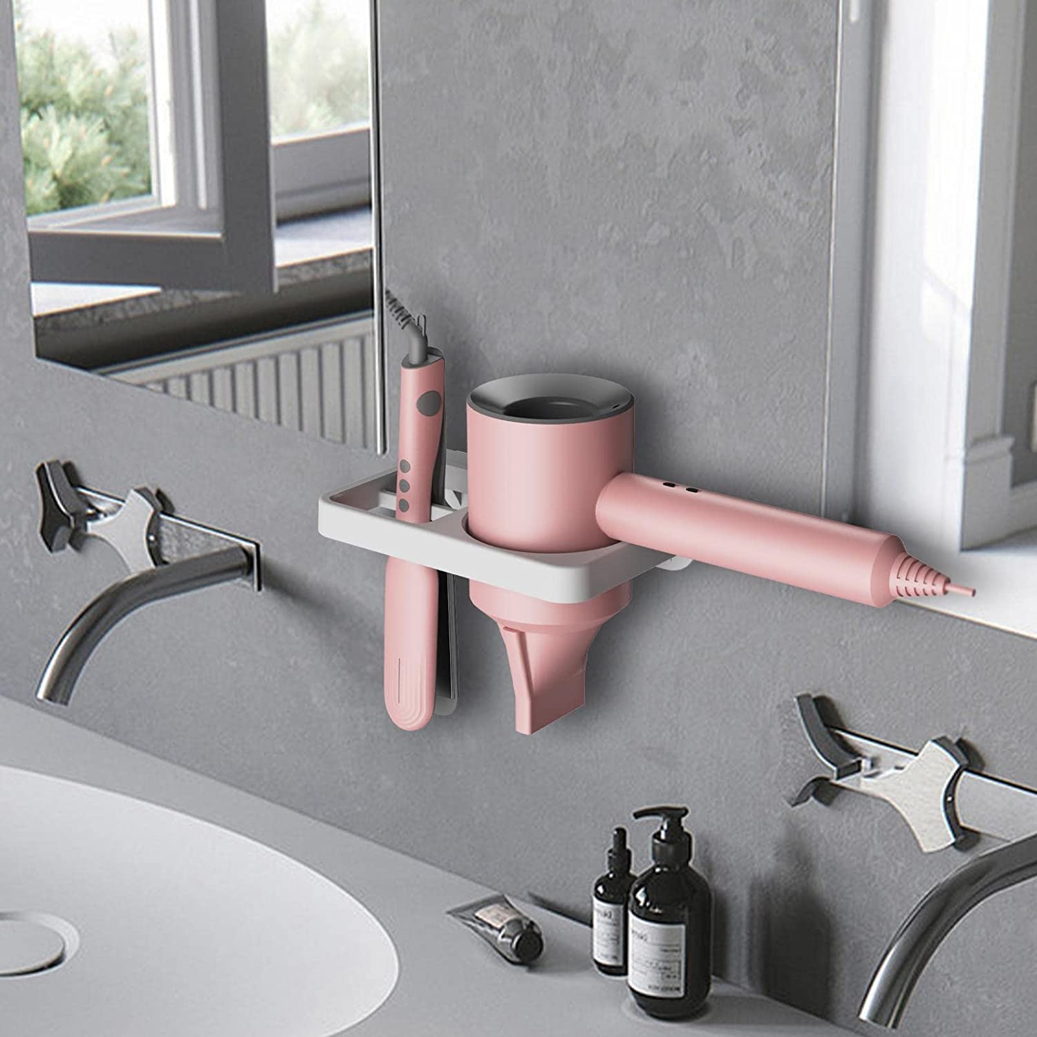 Föhn Organizer, badkamer muur organizer, muurbevestiging voor haar gereedschap opslag stijltang houder rek, universeel voor haardrogerhouder (wit