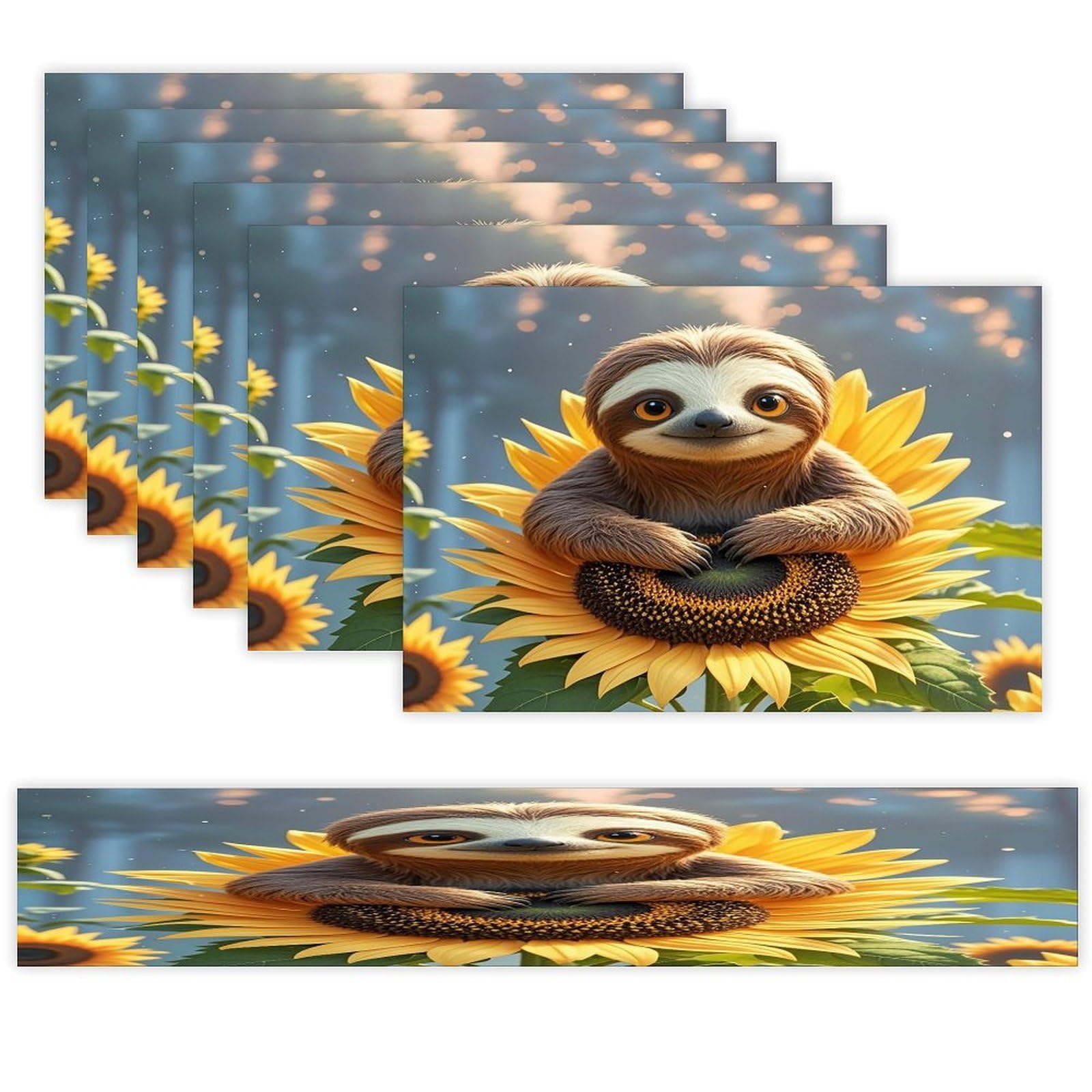 Cartoon Sloth Sitting on Sunflower Placemats Set of 6 and Table Runner for Holiday Party Kitchen Dining Table Decor Farmhouse Style Washable Table Mat Set Heat Resistant Linen Place Mat Sets