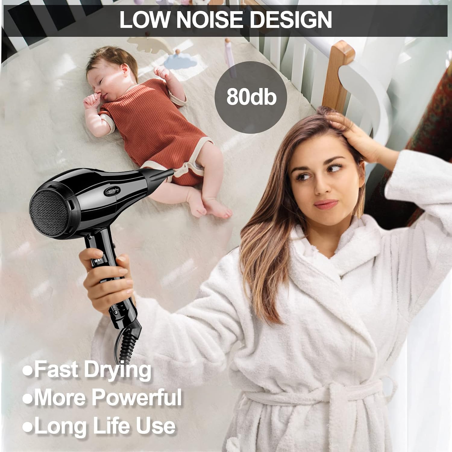 Professional Salon Hair Dryer, Blow Dryer Active Oxygen Negative ions Dryer with Attachments for Fast Drying for Family, Low Noise (Mirror Black, 2 Accessories)