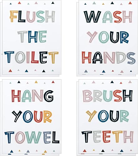 PAGOW Juego de 8 piezas de decoración de baño para niños, juego de decoración de reglas de baño, pintura colorida con palabras inspiradoras para