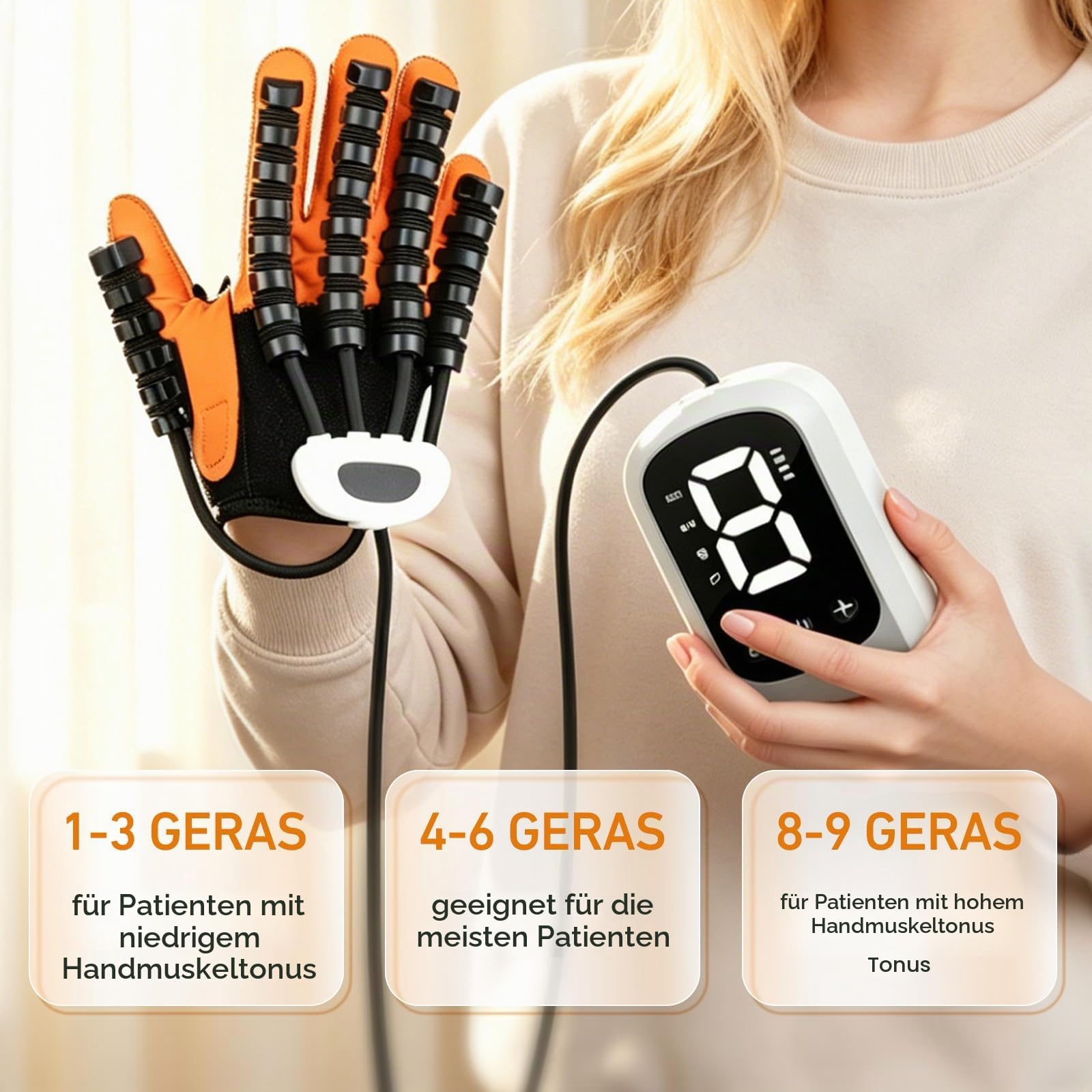 Rehabilitation Roboter Handschuhe, Handfunktionsstörungen Roboterhandschuhe mit Spiegelungsfunktion LED Anzeige, Einstellbarer Modus, 2400mAh, für Patienten mit Handfunktionsstörungen (Rechte Hand)