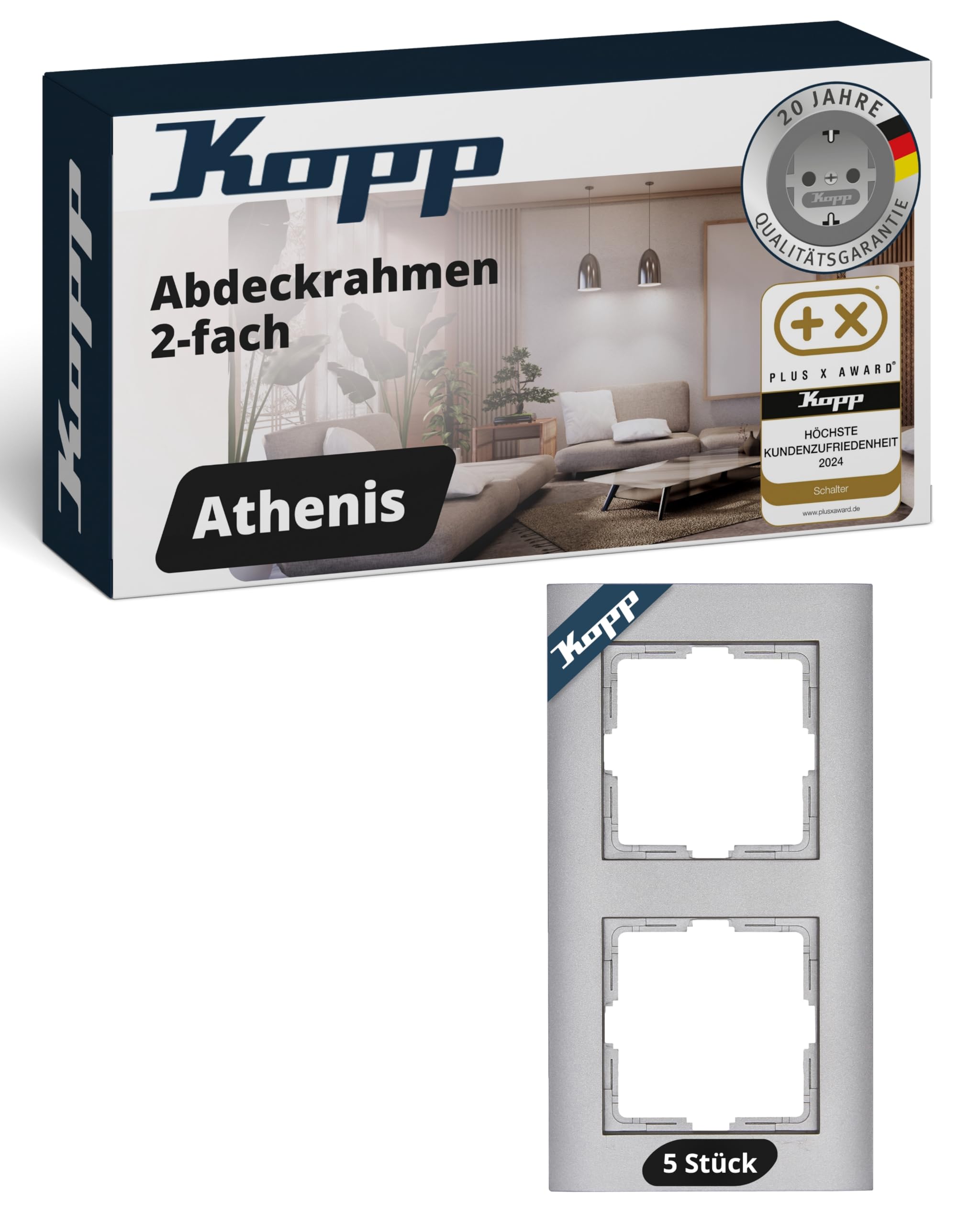 Kopp ATHENIS 2-fach Abdeckrahmen in Stahlfarben - 5 Stück - 86 x 157 x 9,5 mm - Rahmen für Steckdosen & Schalter - Eleganter Steckdosenrahmen aus mattem Kunststoff - Hochwertiger Lichtschalter-Rahmen