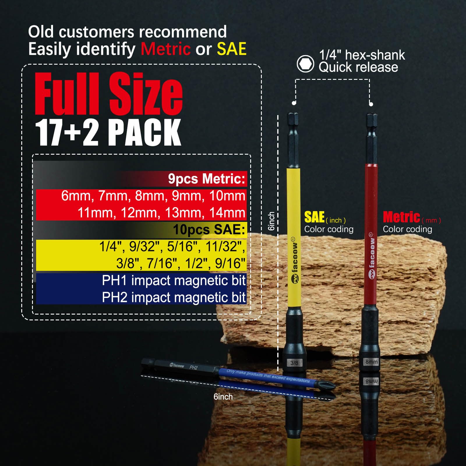 Facoow Magnetic Nut Driver Set for Impact Drill 19 Pcs with Metric & SAE Including PH1 & PH2 - Image 2