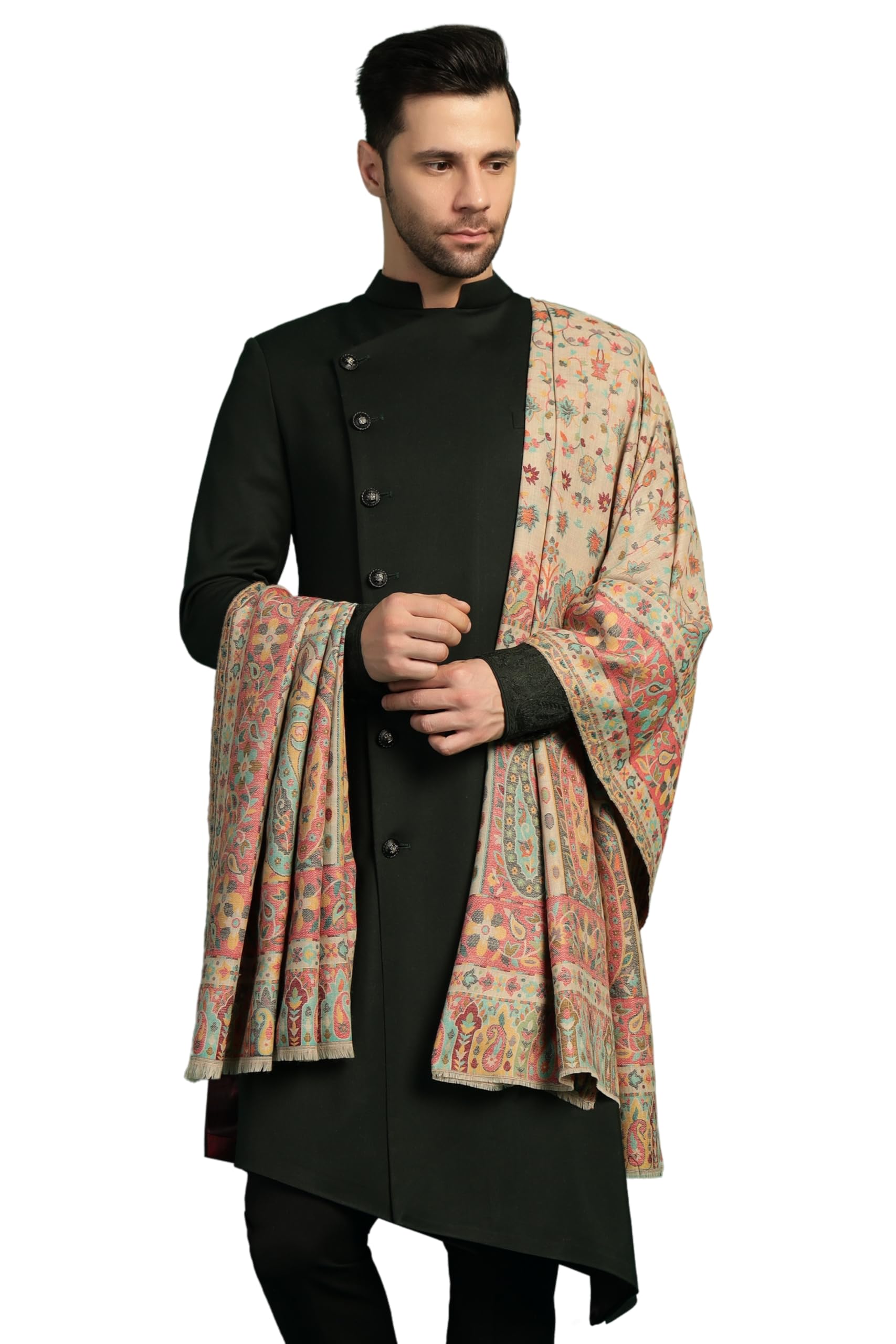 pashtush Mens Extra Fine Wool Shawl, Paisley design, Beige-picture-52