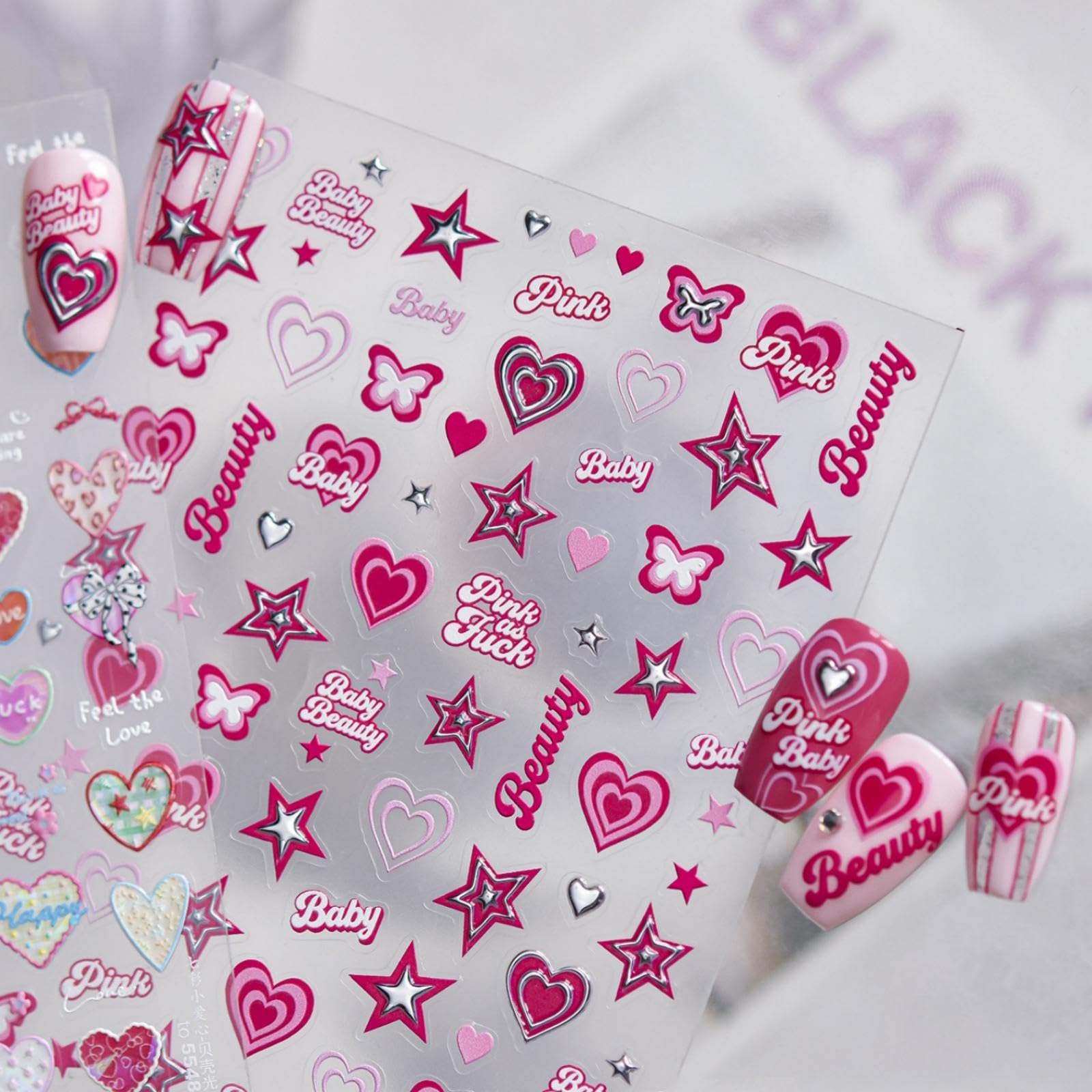 5D Embossed Pink Star Nail Stickers - Y2K Design Self-Adhesive Heart Nail Decals, DIY Cool Manicure Decoration Accessories for Women (1 Sheet)