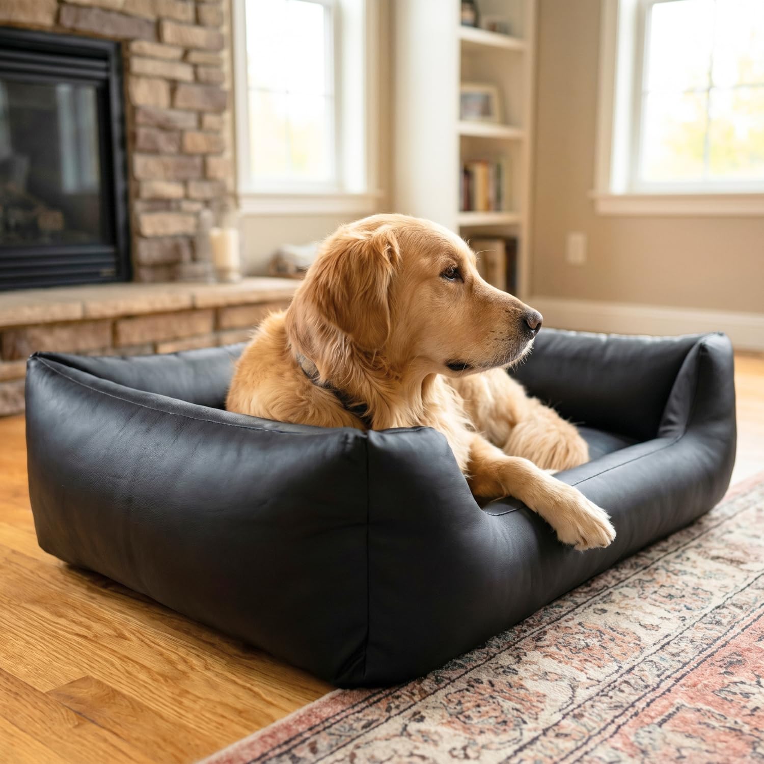 4L Textil Mario Orthopädisches Hundebett aus Kunstleder XL Hundekorb Kunstleder Große Hunde Memory Foam Visco Wasserabweisend Robust Komfortabel (120x90x25 cm, Schwarz)
