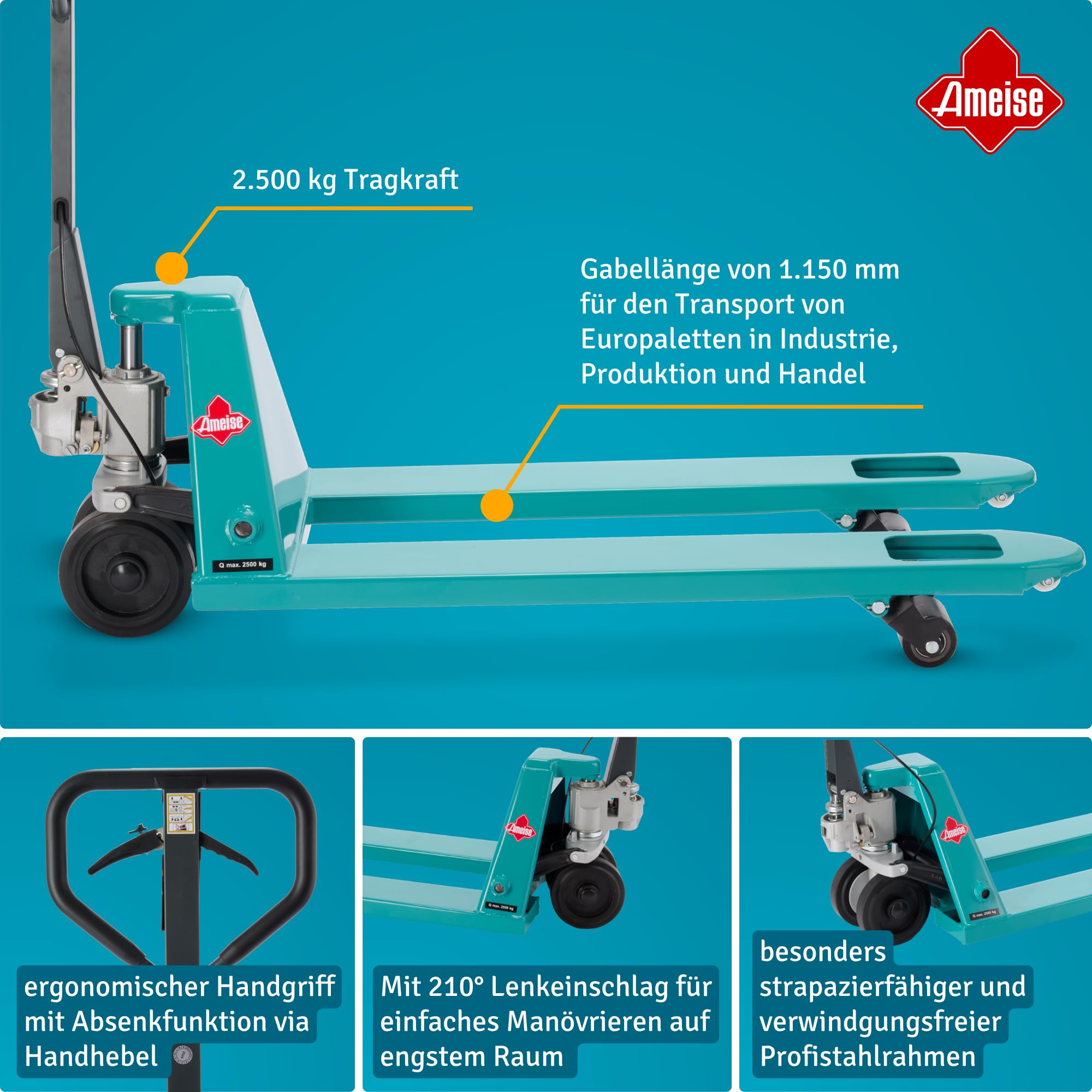 Ameise Hubwagen PTM mit Handbremse | 2.500 kg Tragkraft | 1.150 mm Gabellänge | Lenkrad aus laufruhigem Vollgummi | Einfach-Gabelrollen aus robustem Polyurethan | Palettenhubwagen für Rampeneinsatz