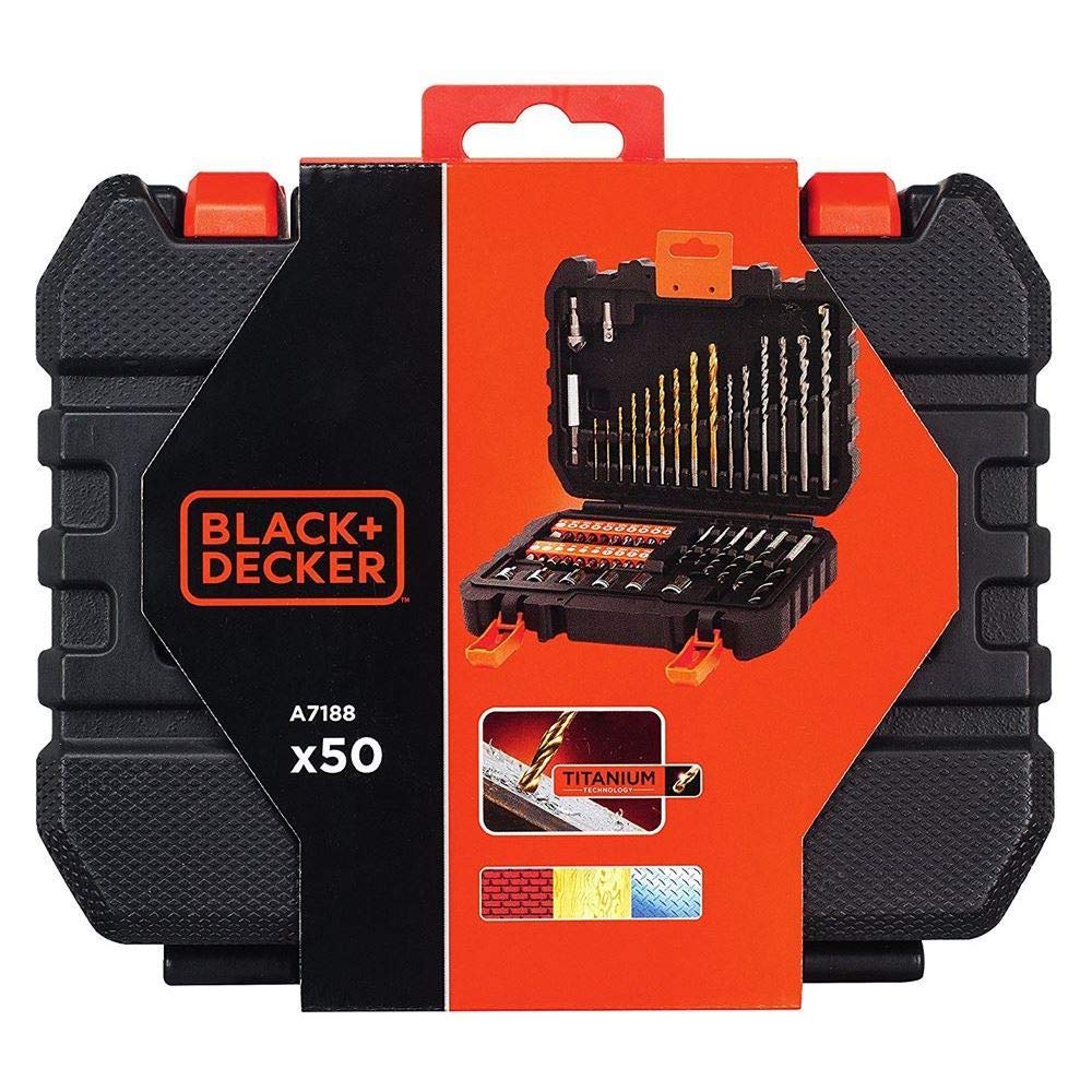 BLACK+DECKER BDCDD12-QW Perceuse-visseuse sans fil - Chargeur inclus, 10.8V, Sans coffret, 1 batterie & A7188-XJ Coffret de Perçage et Vissage-50 Pièces, Noir
