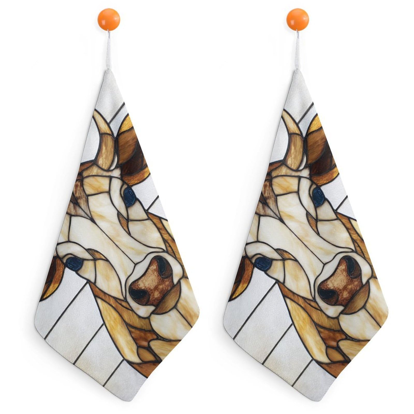 Jubonexis Simple Stained Glass Cattle Small Hand Towel with Hanging Loop 2 PCS Absorbent Soft Wash Cloth for Kitchen Bathroom