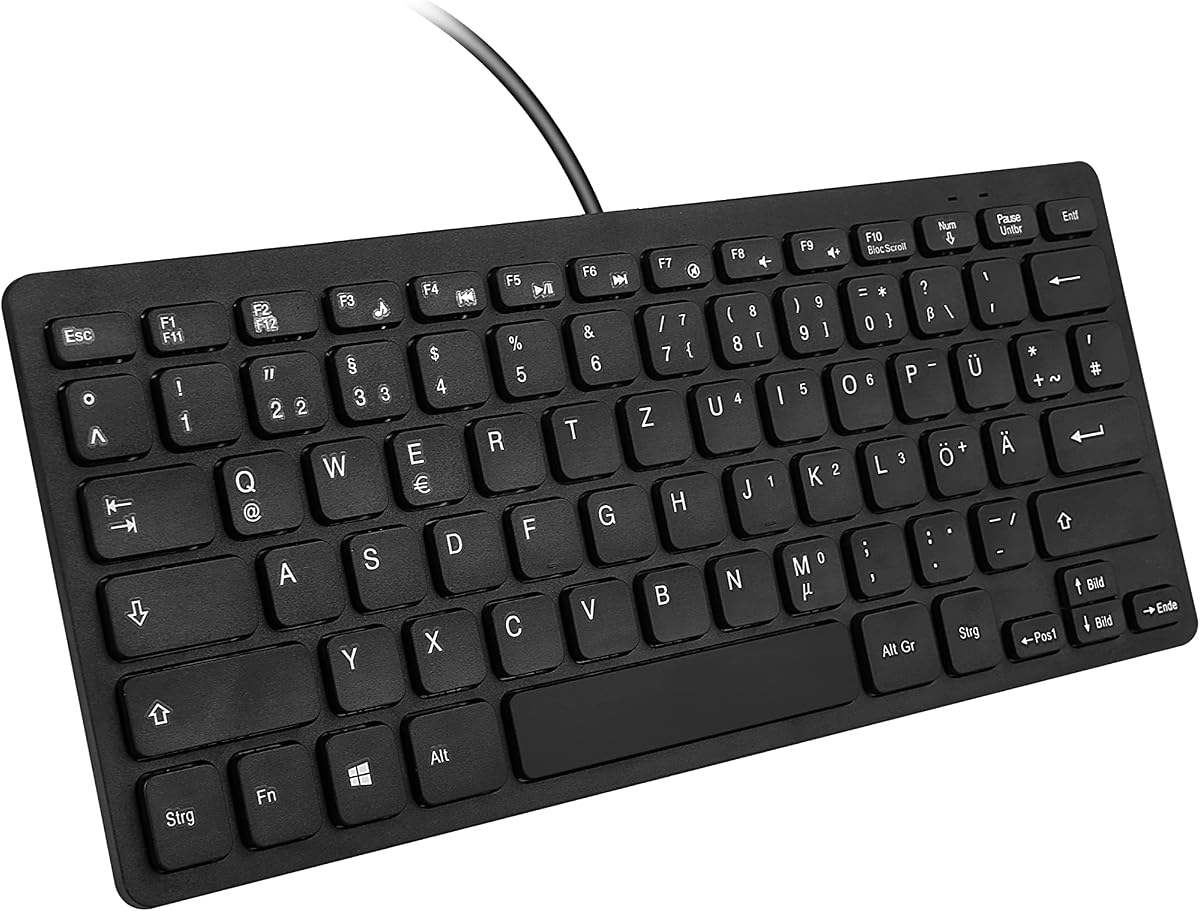 MCSaite Wired Mini Schwarz Tastaturen - Spritzwassergeschützt, Mini Tastatur ohne nummernblock, Ergonomische compact Design für Windows PC Desktops, Laptop (QWERTZ Deutsch)