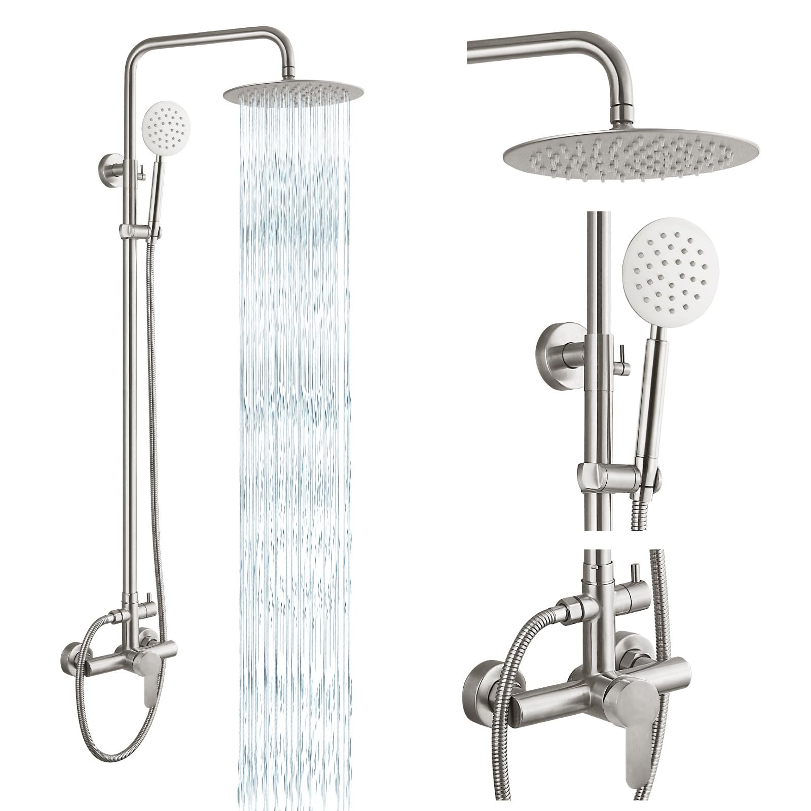 Outdoor Shower Fixture System Combo Set Rainfall Single Handle High Pressure Hand Spray Wall Mount 2 Dual Function Brush Nickel SUS304