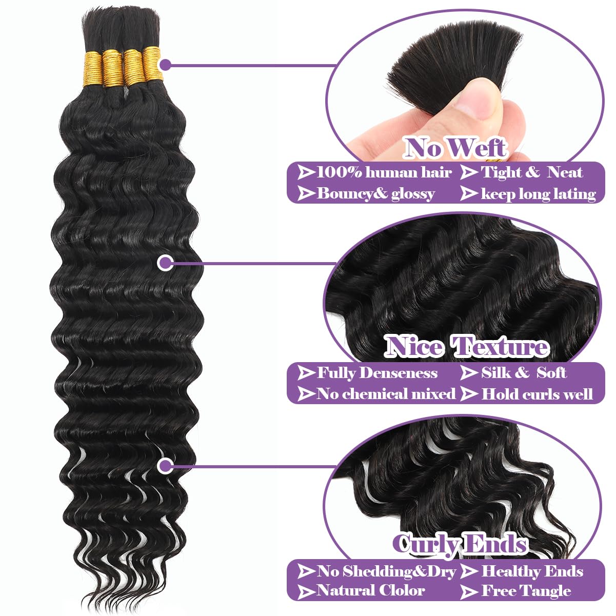 Human Braiding Hair For Boho Braids 120g 4 Bundles Deep Wave Bulk Human Hair for Braiding 12A Curly Human Hair Extensions for Braid Knotless Bohemian Natural Color 16 Inch