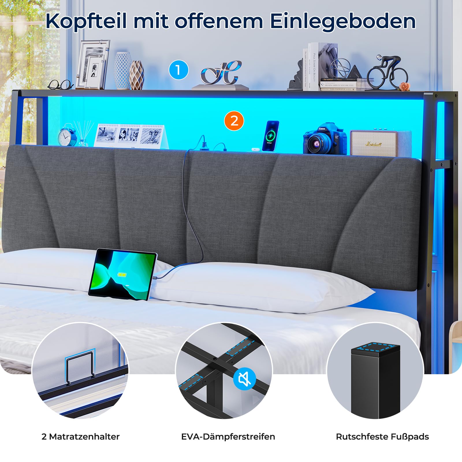 Brinlawb Bett 140x200 mit Stauraum, Lattenrost aus Metall, Bettgestell 140x200 cm mit LED & Ladestation (2 AC-Steckdosen & 2 USB-Anschlüsse), Jugendbett Doppelbett mit 2 großen Schubladen, Grau