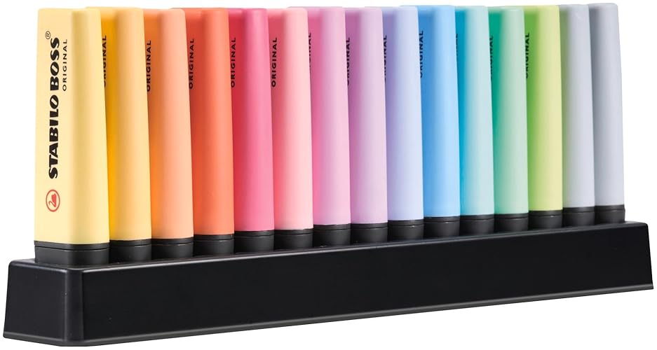 STABILO Highlighter BOSS ORIGINAL Pastel - Deskset of 15 - Assorted Colors Chisel Tip, Anti-Dry Out Technology - Pastel - 15 Count (Pack of 1)