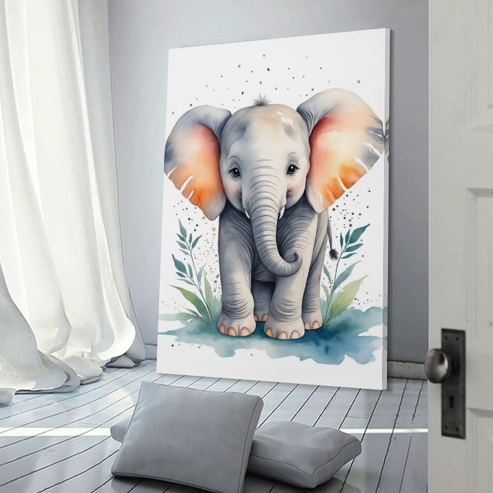 Junmoney Cute Elephant Watercolor Wall Decor Canvas Print, 12x18inch(30x45cm), for Wall Displays, Bedrooms Or Room Updates, Wall Decor Suited to Curated Displays