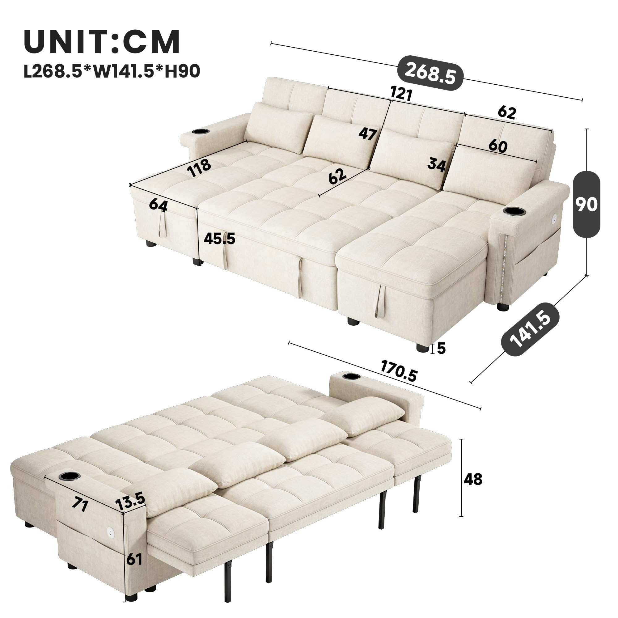 Divano ad angolo a forma di U, divano letto, 2 chaise longue
