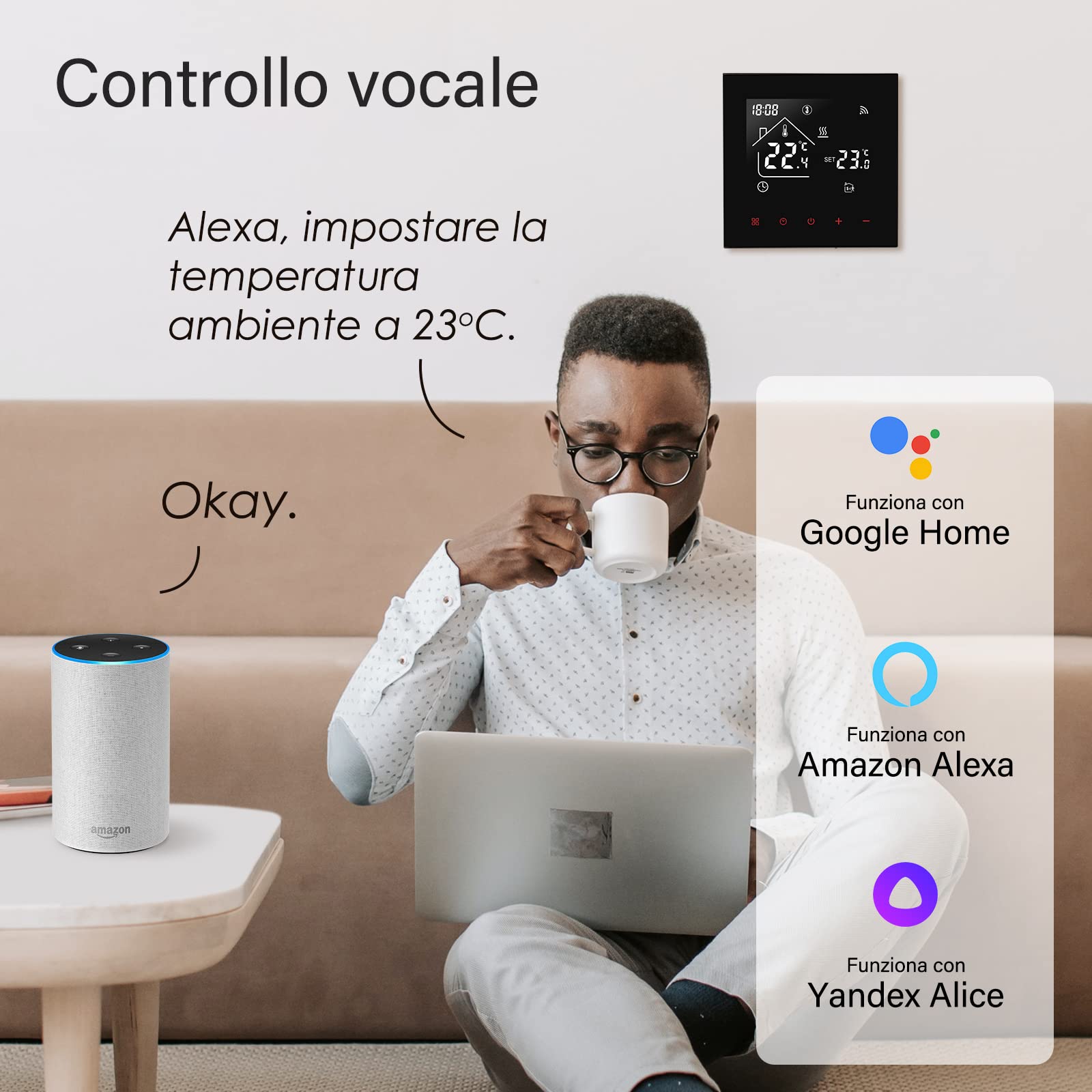 Beok Termostato Wifi Smart Ambiente per Riscaldamento Elettrico Settimanale Programmabile Senza Fili Con Sensore Esterno, Display LCD, Compatibile Alexa 16A TDR89B-WIFI-EP Nero