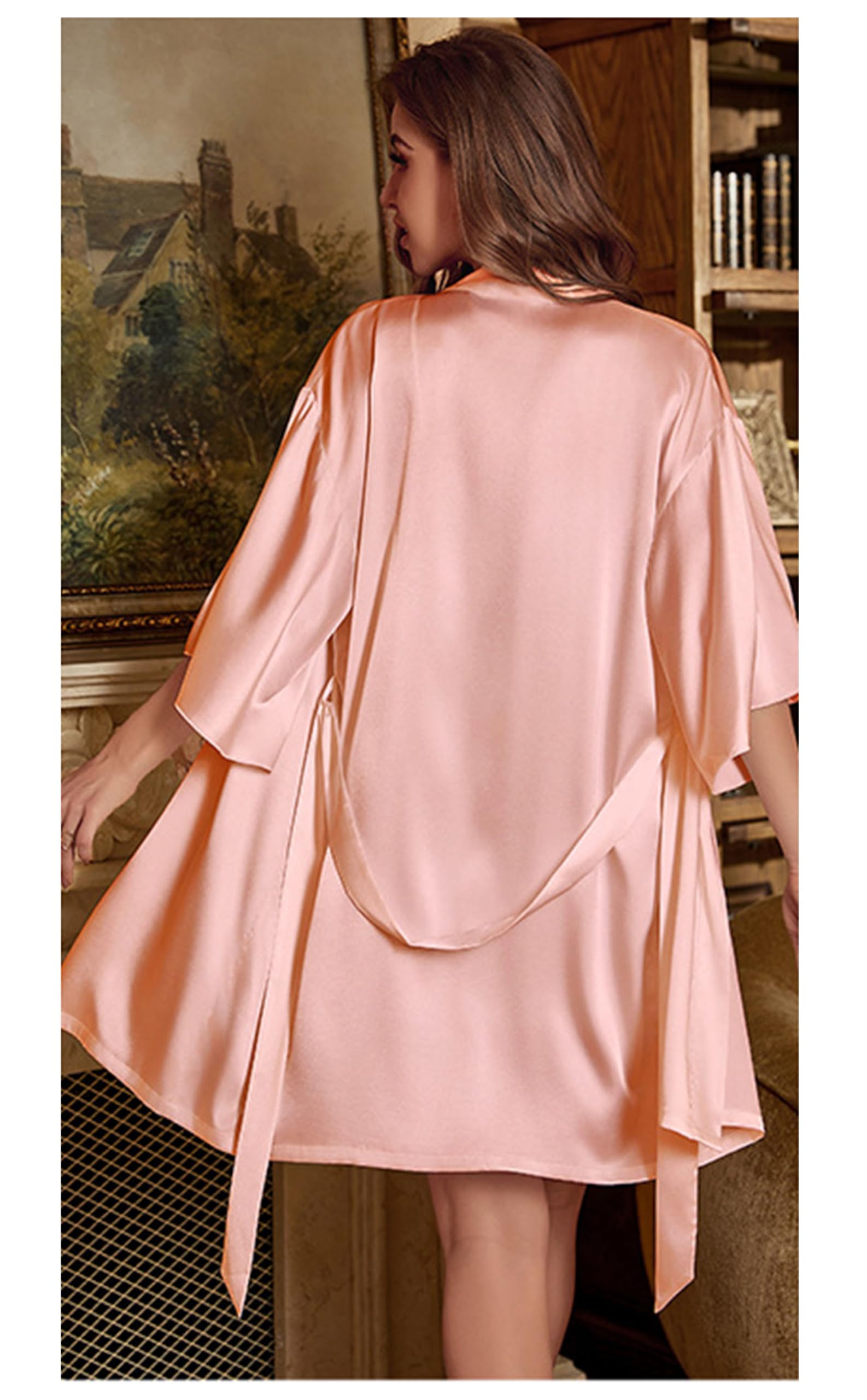 Vêtements de Nuit à Manches Cinq Quarts Chemise de Nuit en Soie de Simulation pour Femmes avec Peignoirs Ensemble 2 pièces Sexy Cami Vêtements de Nuit