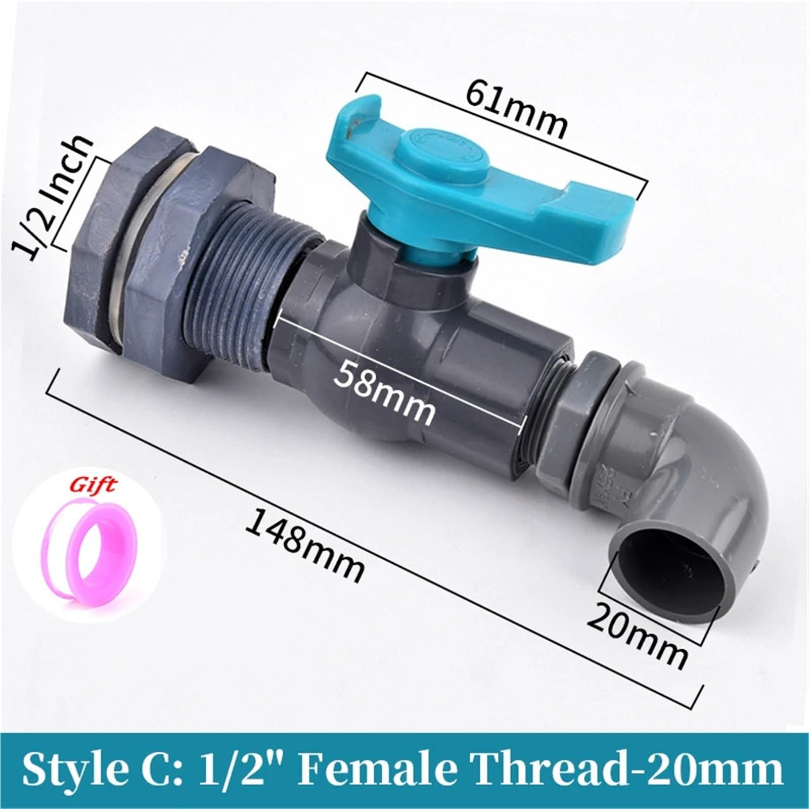 Adaptador de válvula bola PVC 1/2", 3/4" y 1" for tanque peces, riego jardín, acuario, tubería entrada, drenaje, conexión reparación(1l2 Inch)