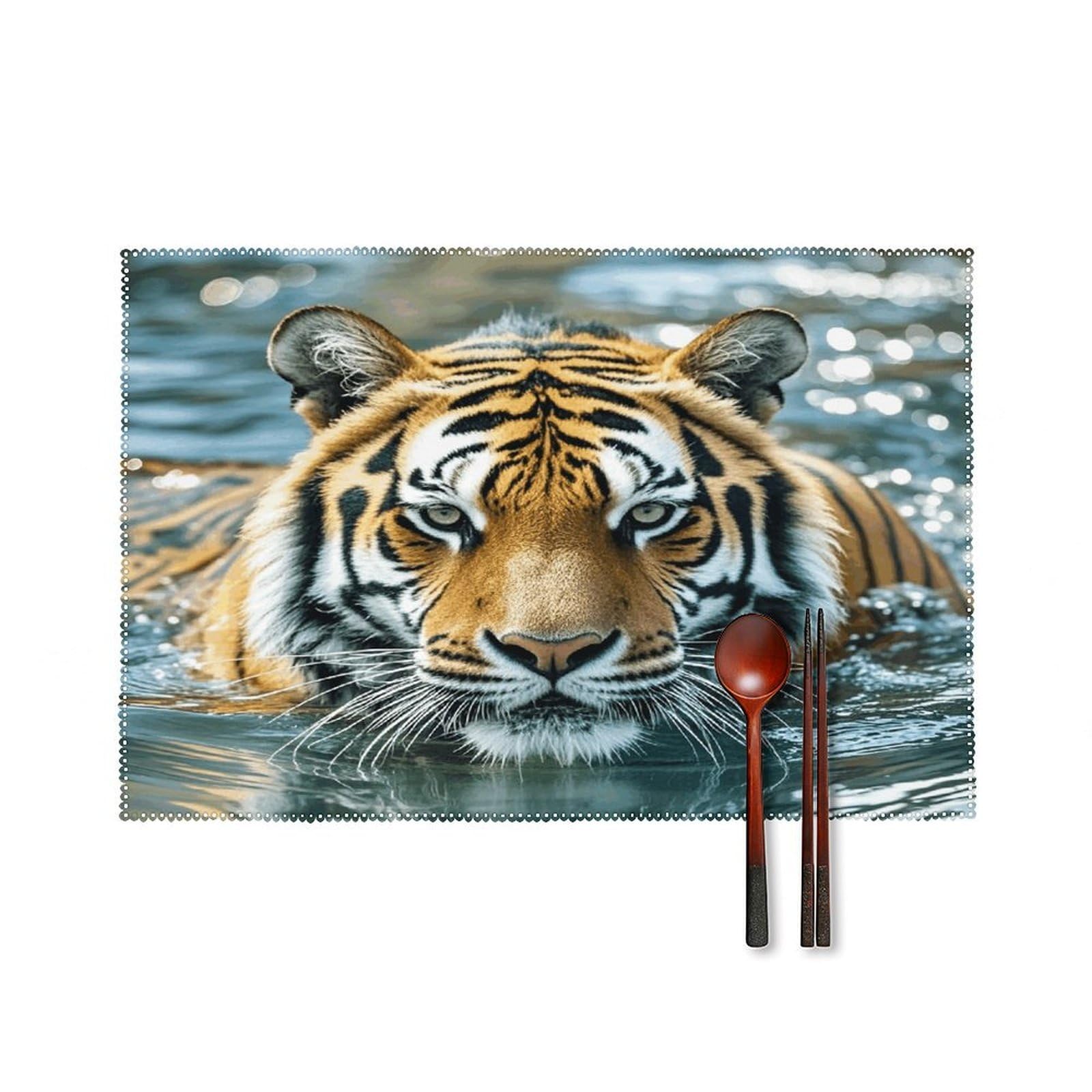 Tiger Swims in The Water Placemats Set of 6 Heat Resistant Non-Slip Table Mats Washable Indoor Outdoor Place Mats Rustic Vintage Seasonal Placemat for Kitchen Dining Outdoor Party Table Decor