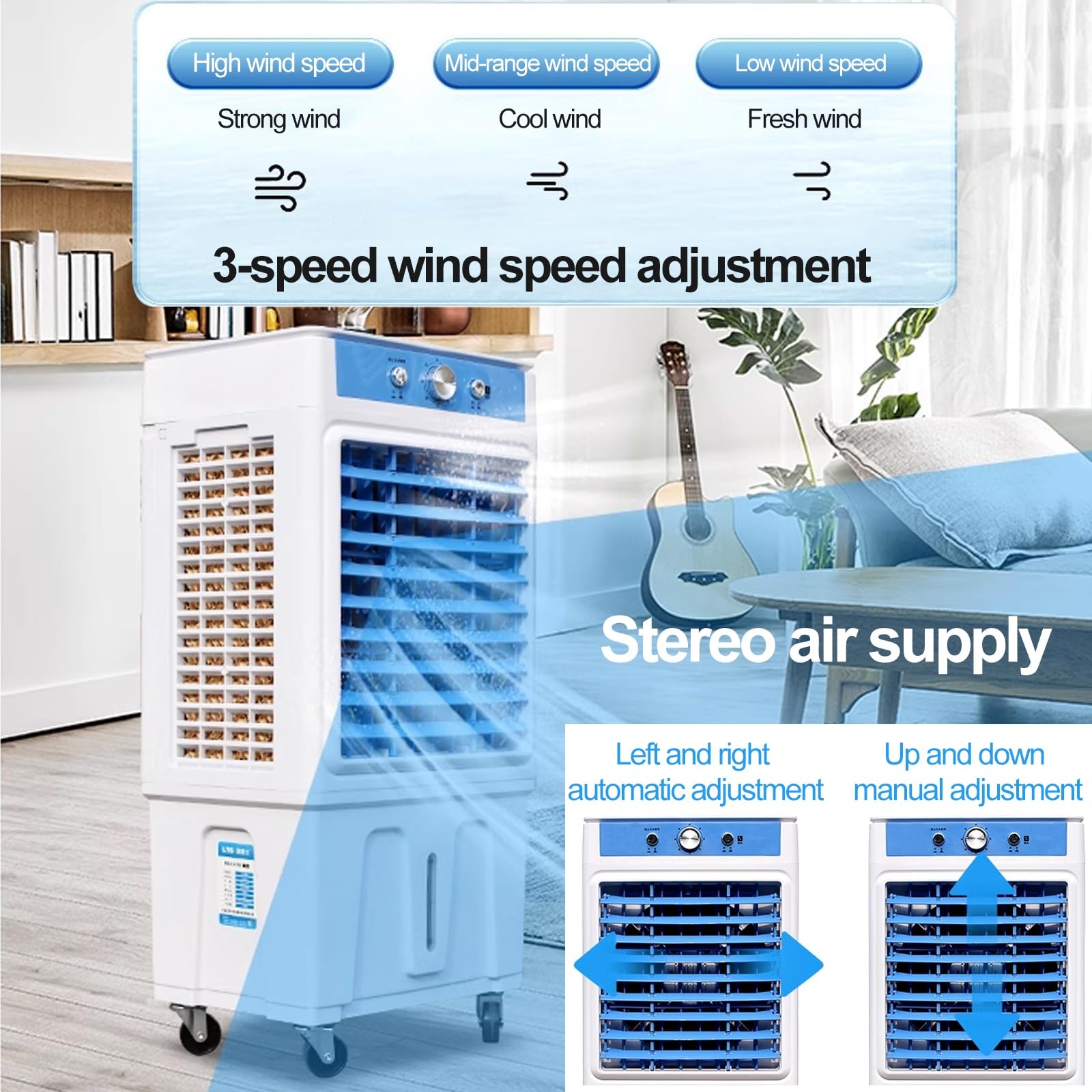 Raffreddatore d'aria evaporativo 3 in 1 con serbatoio dell'acqua da 30 litri, 3 velocità del vento per raffreddamento, umidificazione e ventilazione in soggiorno, camera da letto, ufficio
