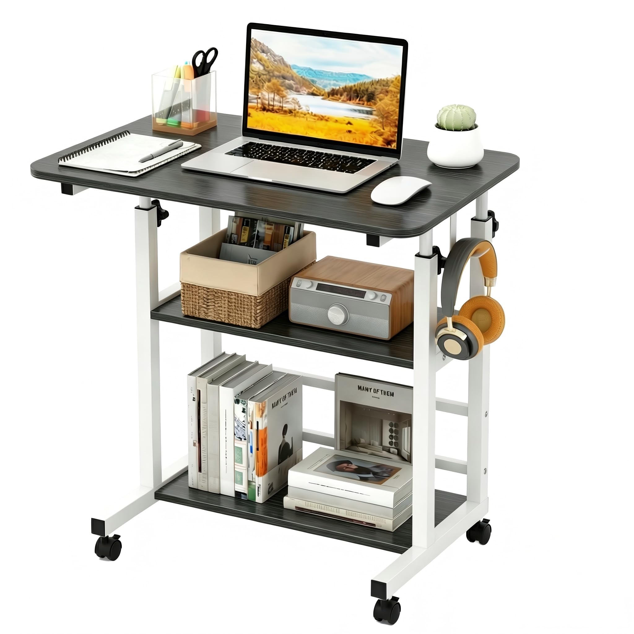 Huracan Bureau Informatique Mobile Réglable en Hauteur 56–82 cm, Table d’Ordinateur 80 x 40 cm avec 3 Niveaux de Rangement, 4 roulettes Verrouillables, Table d’Appoint pour Lit, Canapé – Noir Brossé