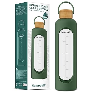 Home Puff Borosilicate Glass Water Bottle With Silicone Cover Sleeve (1000Ml) | Airtight, Leak-Proof Bamboo Lid, BPA-Free, Eco-Friendly, Reusable Bottle For Fridge, Gym, Travel, Office, Home (Green) - image, photos