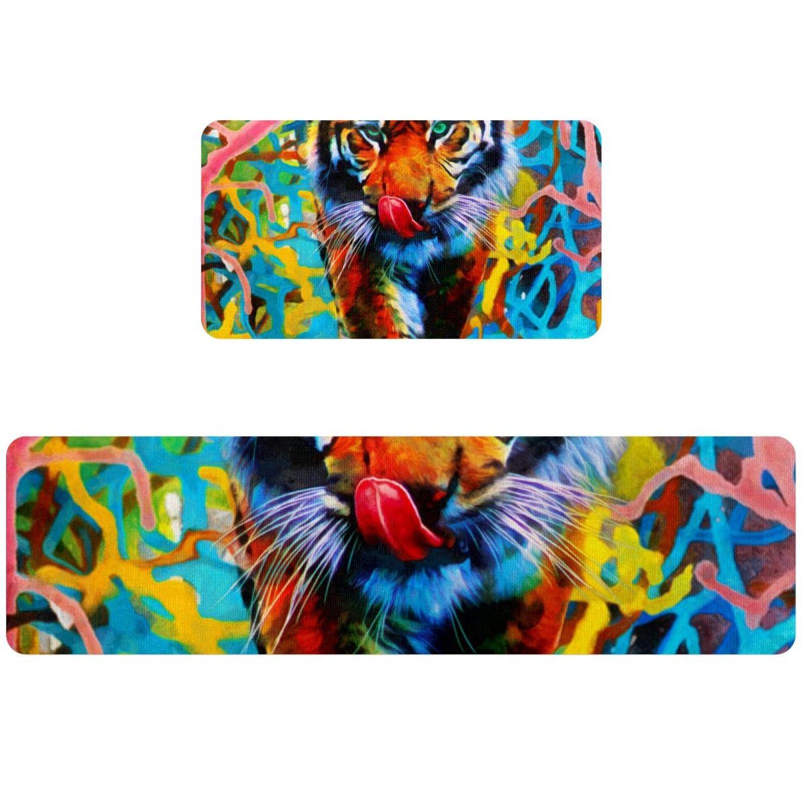 Tapis de cuisine absorbant lot de 2 antidérapant et lavable motif tigre