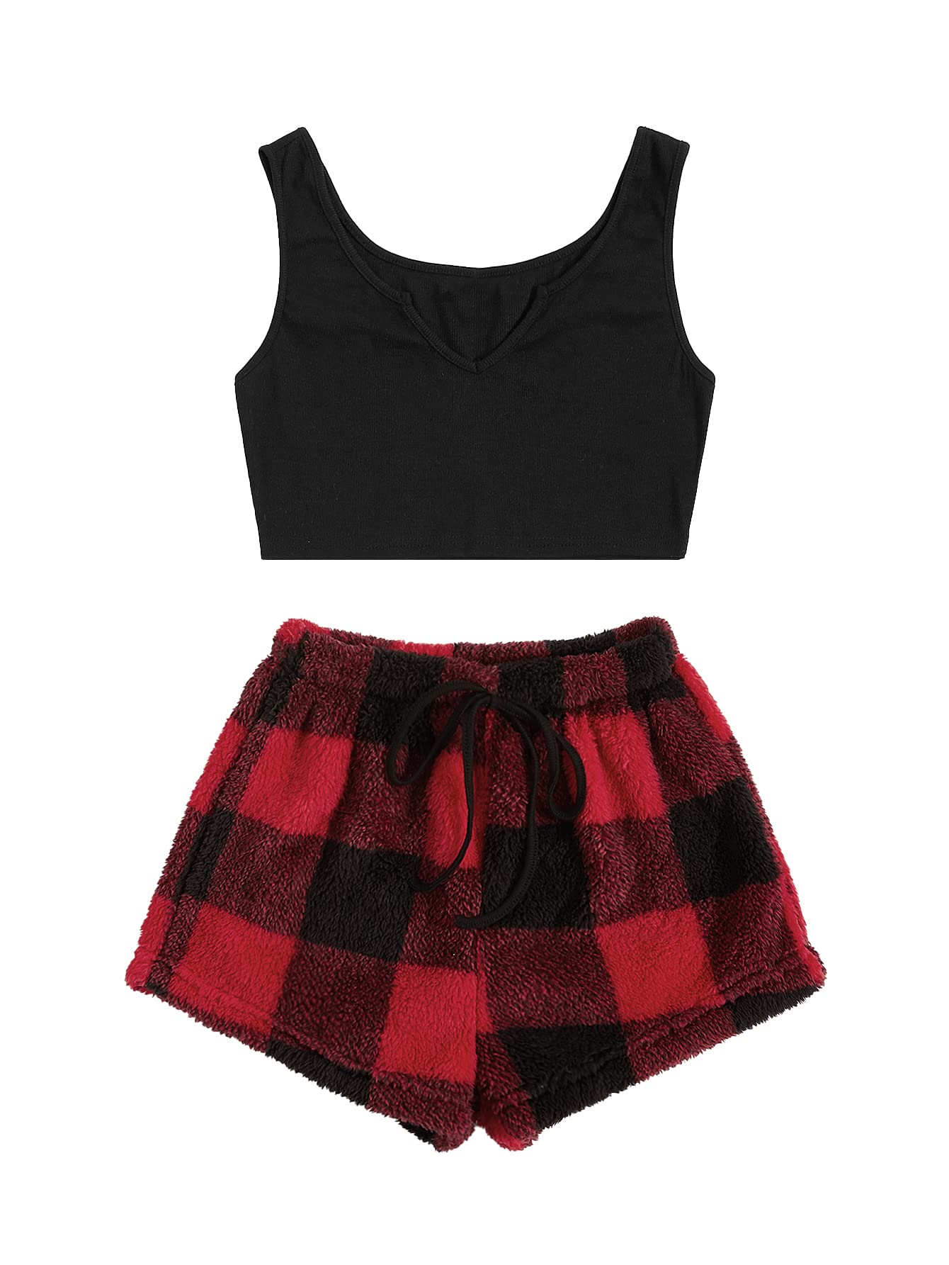 Verdusa Women's 2 Piece PJ Set Notched Tank Top & Teddy Shorts Fuzzy Lounge Pajama Set