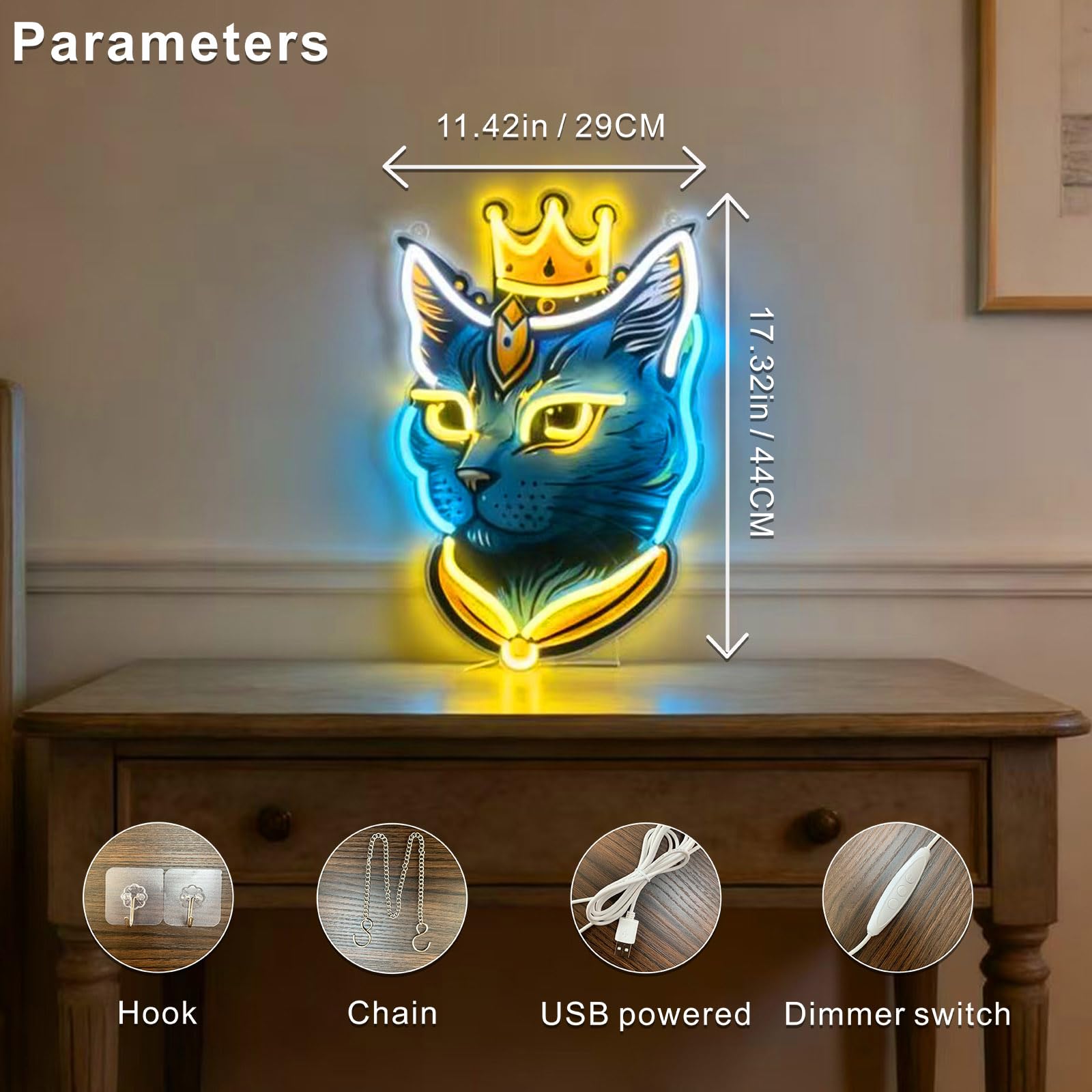 Targa al neon Cat King, regalo per gli amanti dei gatti, decorazione da parete, decorazione per dormitorio, 190 cm, alimentazione USB con regolazione della luminosità a 9 livelli, facile installazione