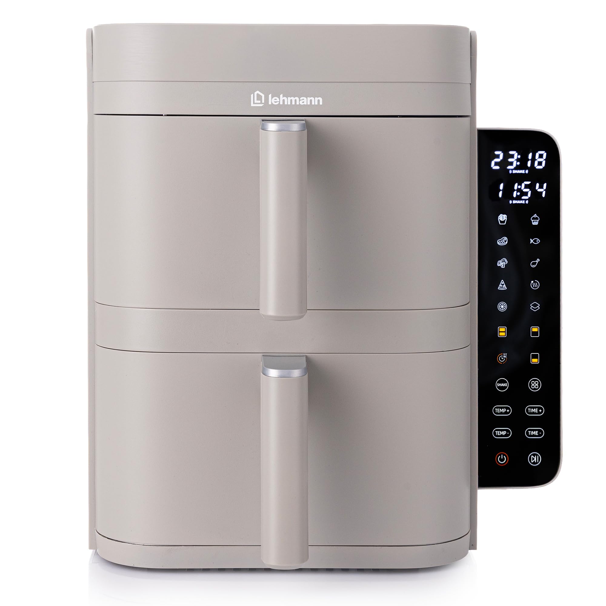 LEHMANN Frytkownica na gorące powietrze, 2 komory XXL, 12 l, 2 pionowe szuflady, 40-230 °C, powłoka nieprzywierająca, 10 programów, oszczędność miejsca, bezolejowa podwójna komora Airfryer dla dużej