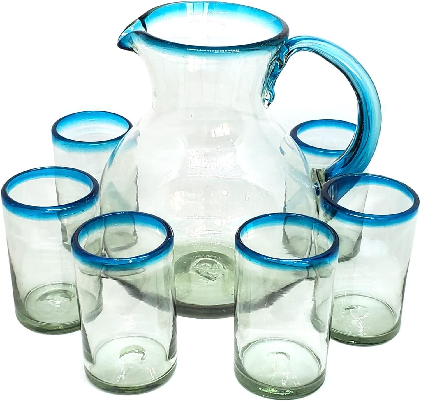 Aqua Blue Rim 120 oz Pitcher and 6 Drinking Glasses set, Recycled Glass, Lead-free, Toxin-Free (Pitcher & Glasses)