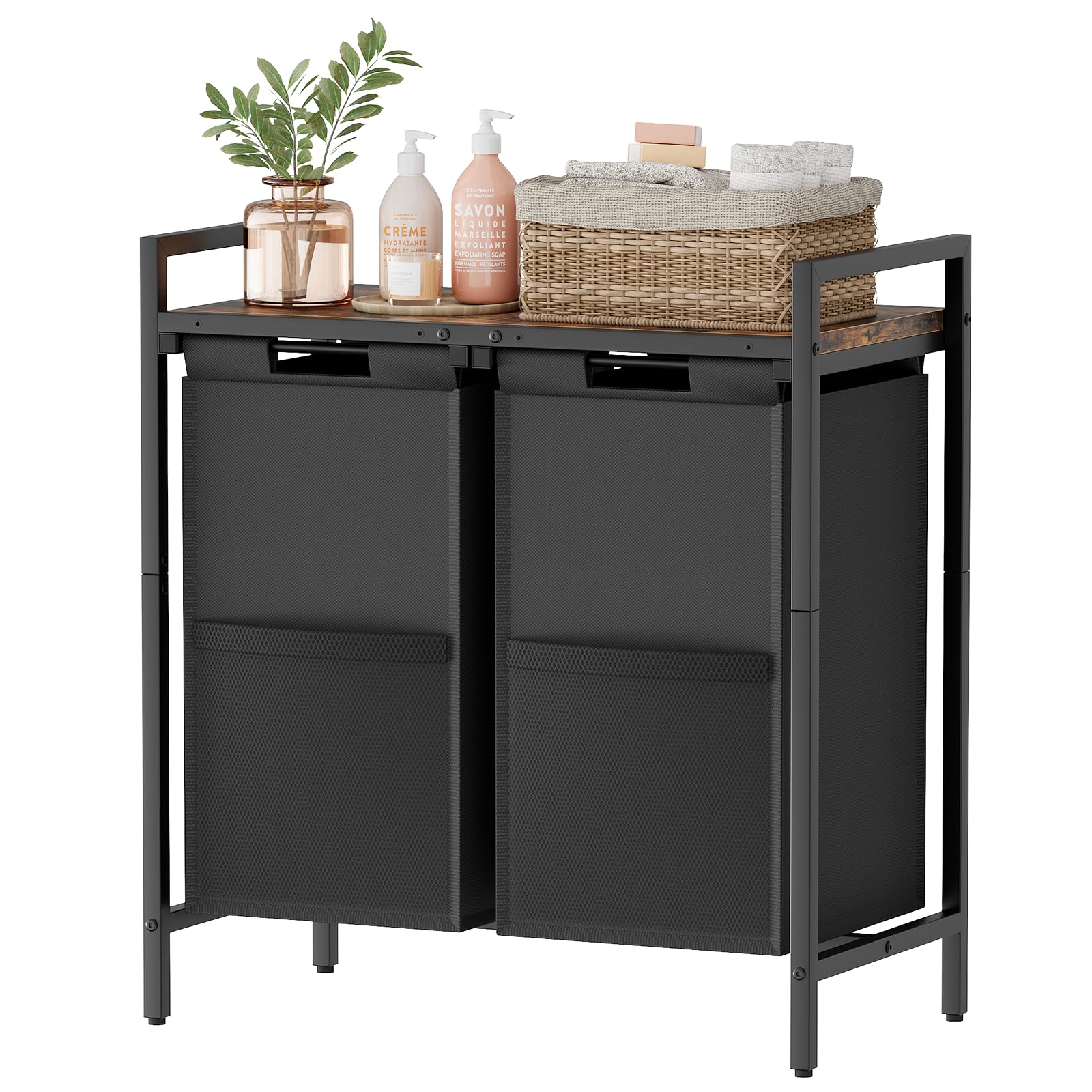 Wäschekorb Schwarz mit ablage 2 Fächer, Wäschesammler mit Ablage, wäschesammler Wäschesack Waschesammelbox aus Oxford-Laundry Baskets,Metallrahmen, 2 x 46 L, 73 x 33 x 72 cm