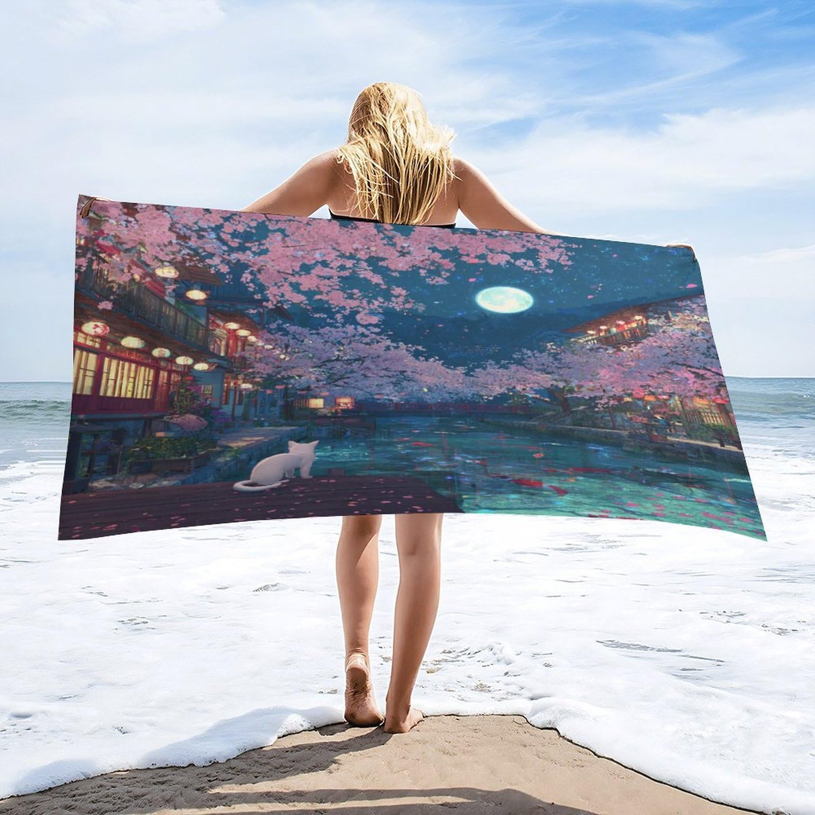 Luyysky Classic Cute White Cat Quick-Drying Beach Towel, Watercolor Full Moon Japanese Architecture Cherry Blossoms Animal Fish Travel Vacation Single Sided Pile Bathroom Towels-80 W Cm X 160" L Cm