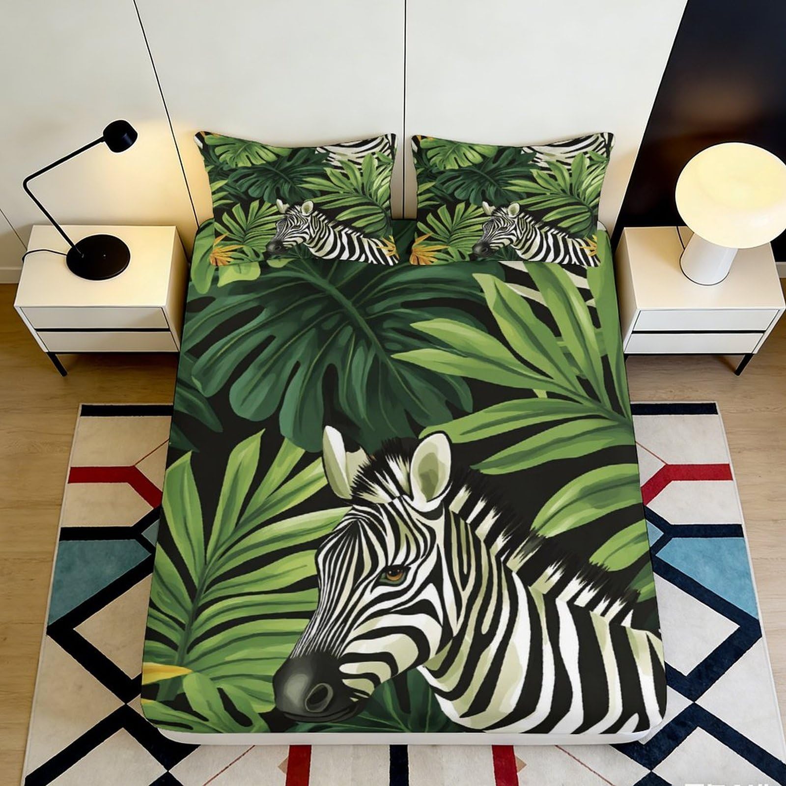 3D Printed Tropical Zebra Fitted Sheet Microfiber Deep Pocket Bedroom Bedding Tropical Zebra Mattress Fitted Cover Elastic Hem Washable 90x200x25cm