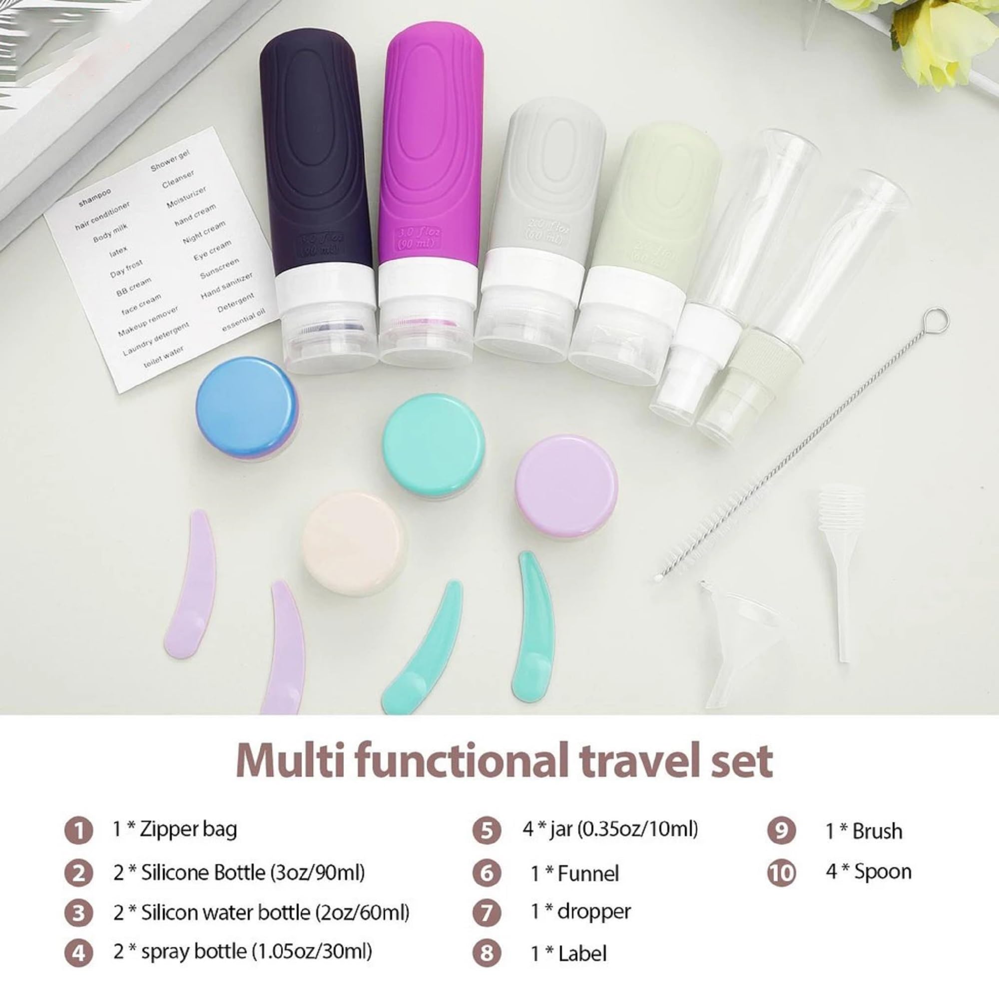 VIVUE 17 Pack Silicone Travel Bottles Set, Reusable Travel Lotion Bottles for Toiletries, BPA Free Leak Proof Squeezable Refillable Travel Containers For Shampoo, Lotion, Soap, Liquids Organizer - Image 3 thumbnail