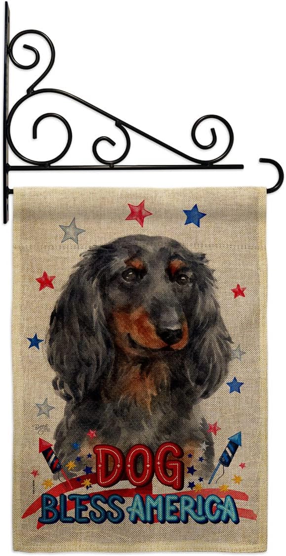 Patriotic Blue Long Hair Dachshund Burlap Garden Flag Set Wall Holder Animals Dog Puppy Spoiled Paw Canine Fur Pet Nature Farm Animal Creature Small Gift Yard House Banner Double-Sided 13 X 18.5