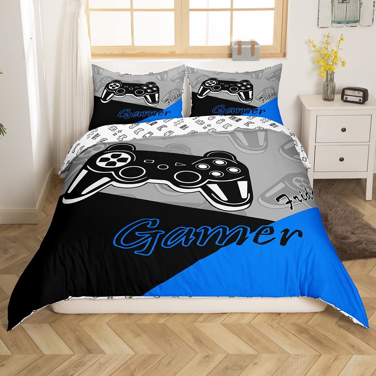 Homemissing Gamer Duvet Cover Set for Boys Teens Game Bedding Set,Video Game Home Player Gaming Bedding & Linen Set Kids Toddler 3Pcs Black Blue Grey (Super King) - Image 3
