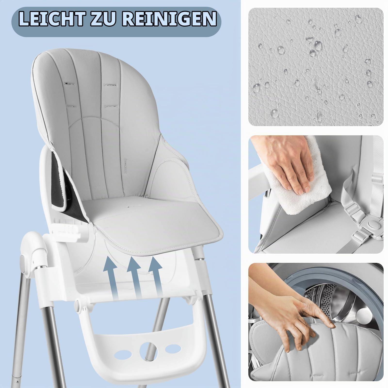 Aufun Kinderhochstuhl Verstehllbar und Klappbar, Höhenverstellbarer Baby Essstuhl mit Liegefunktion, Baby Hochstuhl mit wachsend und Sicherheitsgurt 6 Monaten bis 6 Jahre PU Leder Kissen (Grau)