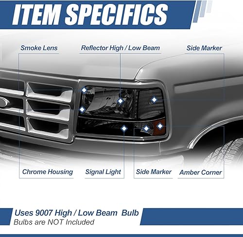 Miniatura 9 de Auto Dynasty Conjunto de 6 faros delanteros estilo fábrica con parachoques y luces de esquina compatibles con Ford F150 F250 F350 Bronco 92-96, lado