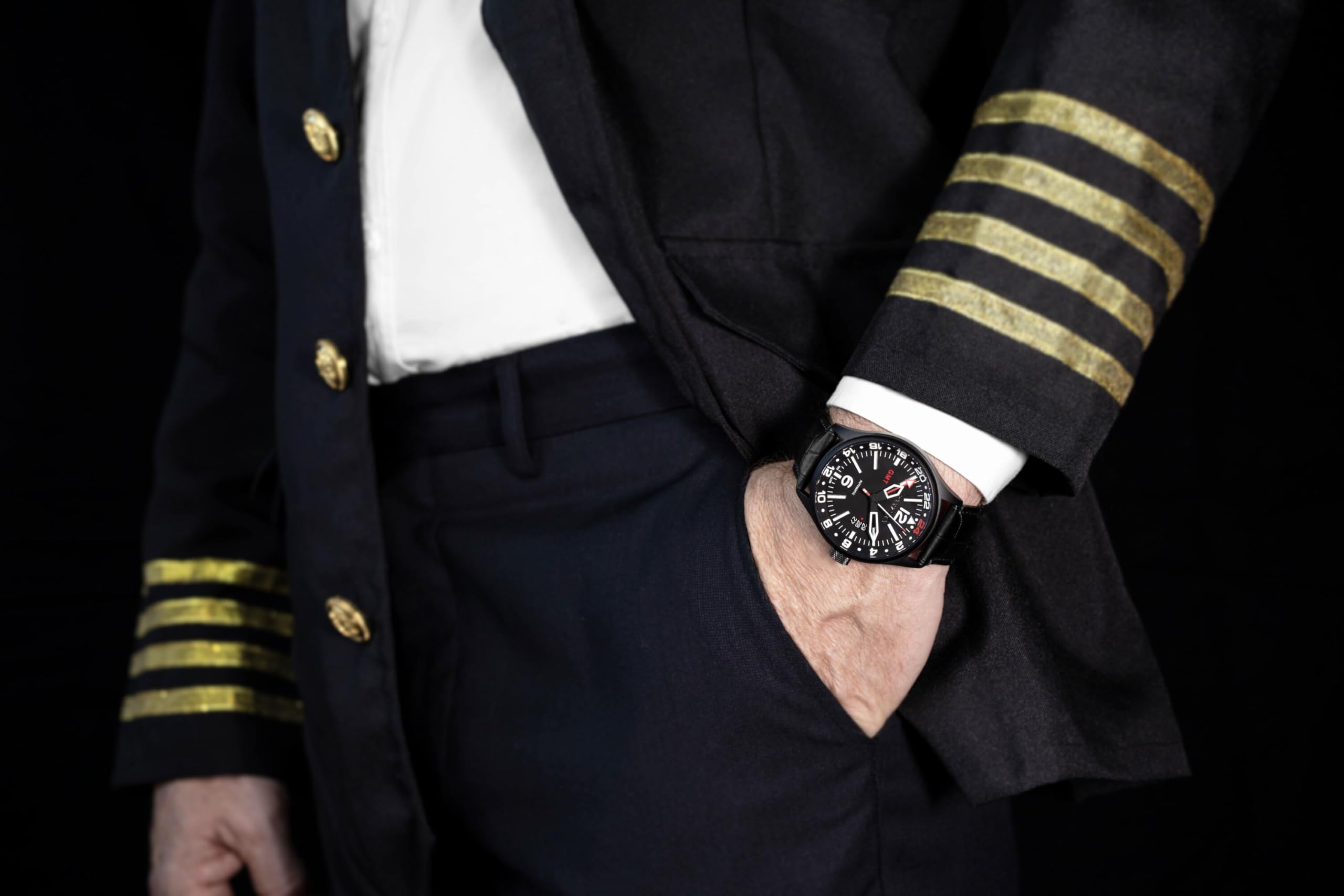 Panzera Flieger 45G Mechanische Automatikuhr Stahl Schwarz Saphir Silikon Datum Herrenuhr, Schwarz , Armband