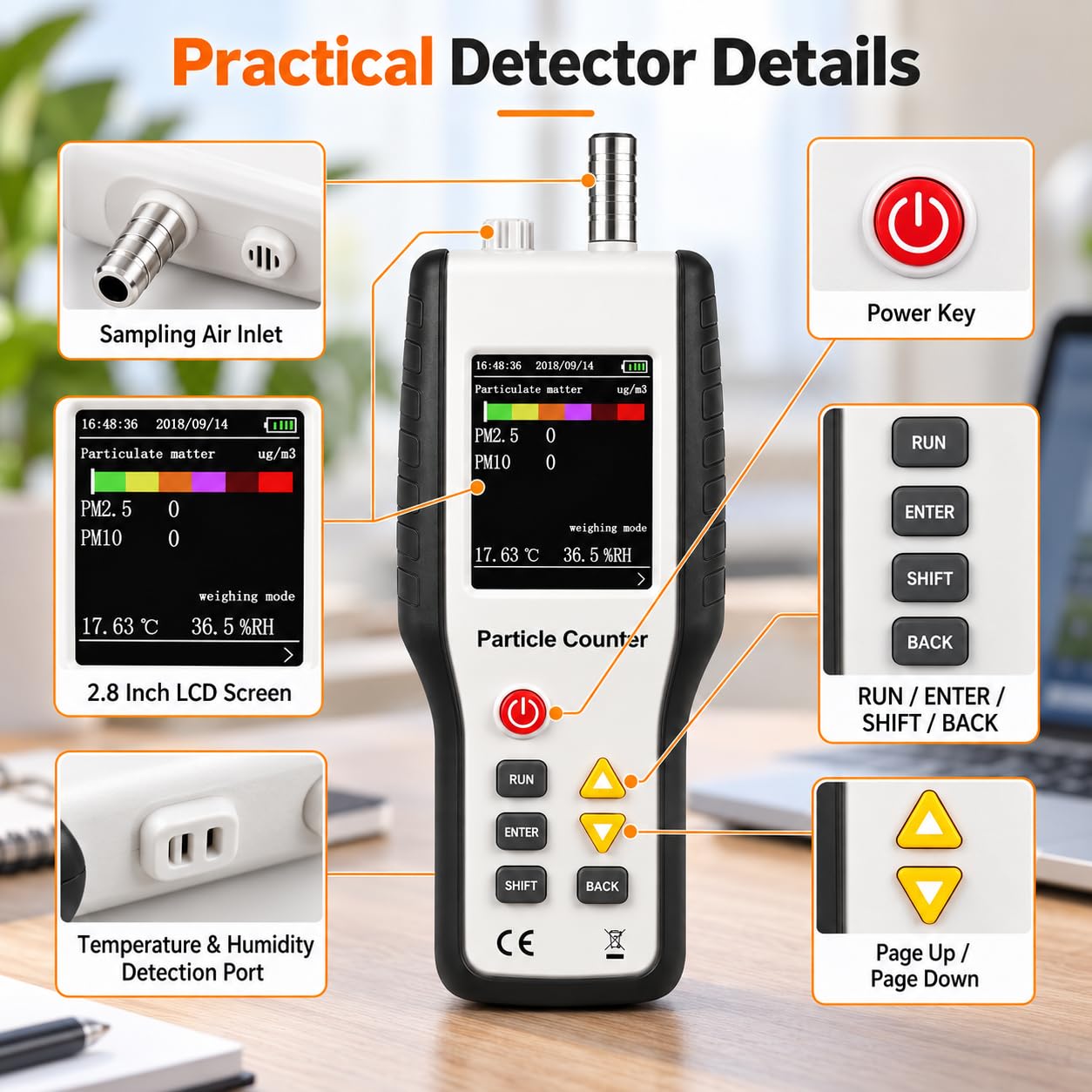 Detector de calidad del aire, LCD de 2.8 pulgadas PM2.5 y monitor de