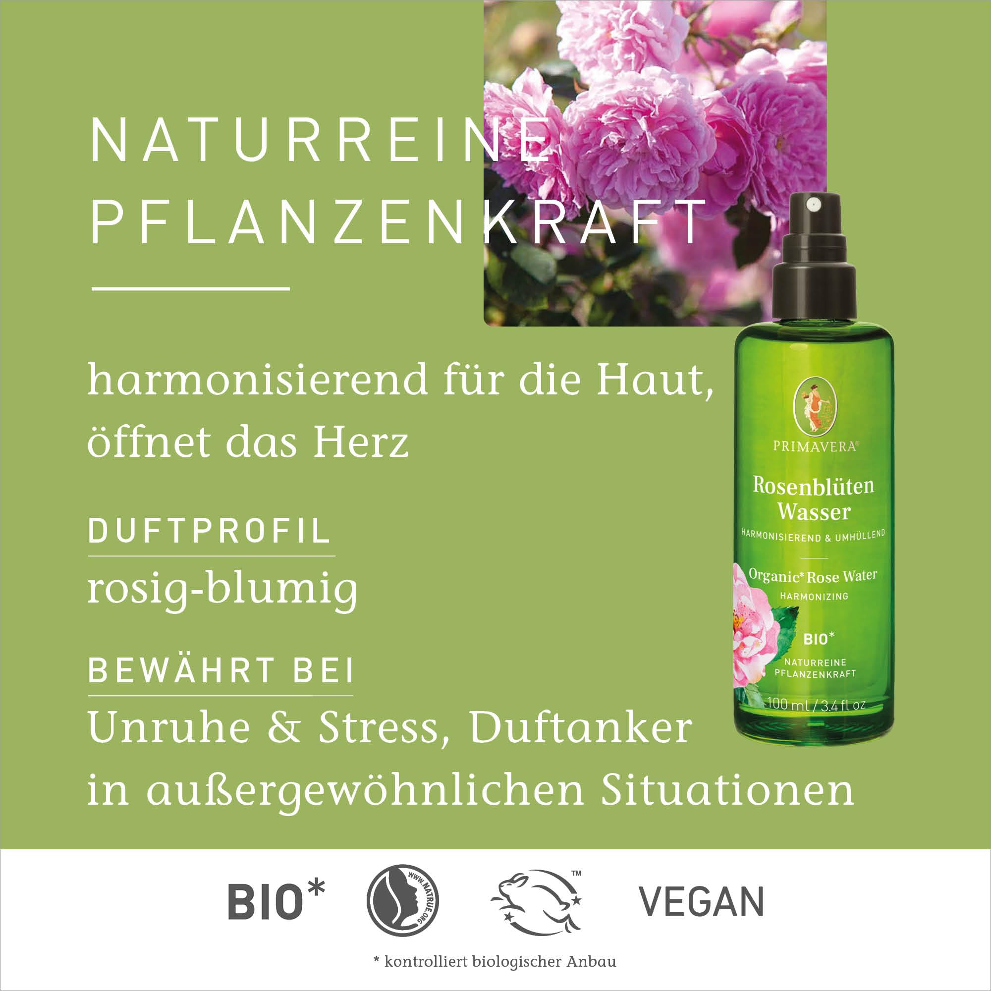 PRIMAVERA Pflanzenwasser Rosenblütenwasser bio* 2 x 100 ml – naturreine Pflanzenkraft – Glasflasche – Hydrolat, Körperspray, Aromatherapie – harmonisierend, entspannend, ausgleichend – vegan