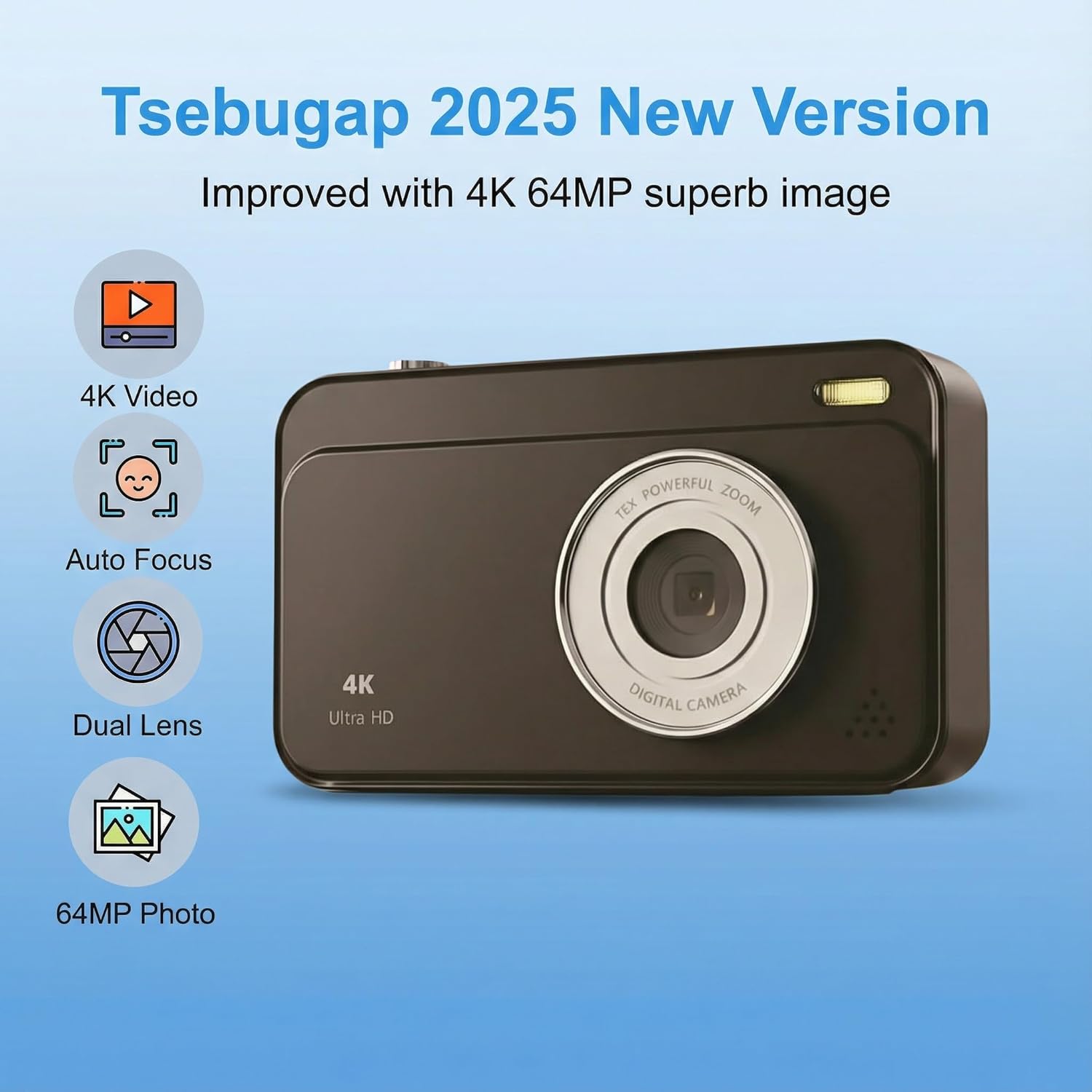 4K 64MP Digital Camera for Kids كاميرا ديجيتال Vlogging Camera Compact Point and Shoot Digital Cameras with SD Card for Photography & Vlogging, 2.8 Inch Screen, Smile & Face Detection - 4K 2026 - view 1