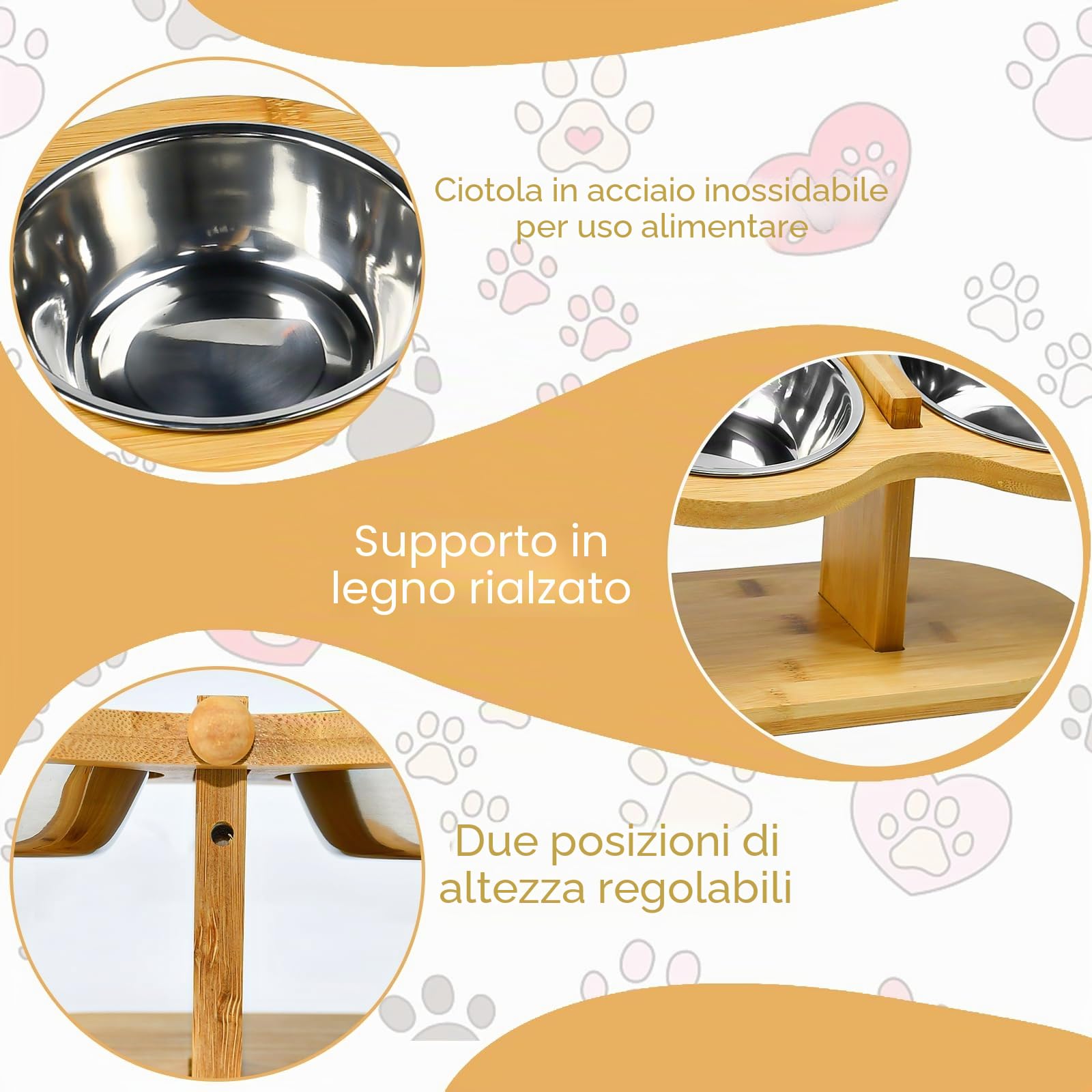 Ciotole per Gatti Rialzate,Mangiatoia per Gatti con 3 Ciotole,Ciotola in Acciaio Inox Rialzate con Supporto in Legno per Cani Piccoli, Gattini
