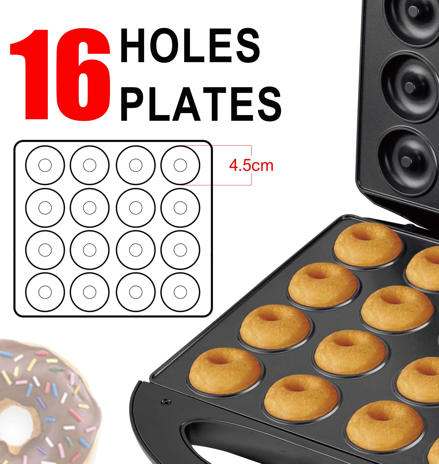 Macchina per ciambelle per colazione, snack, dessert per bambini, per preparare 16 ciambelle, piccoli elettrodomestici da cucina, snack, dolci con stampa a ciambella, dessert e altro ancora per uso