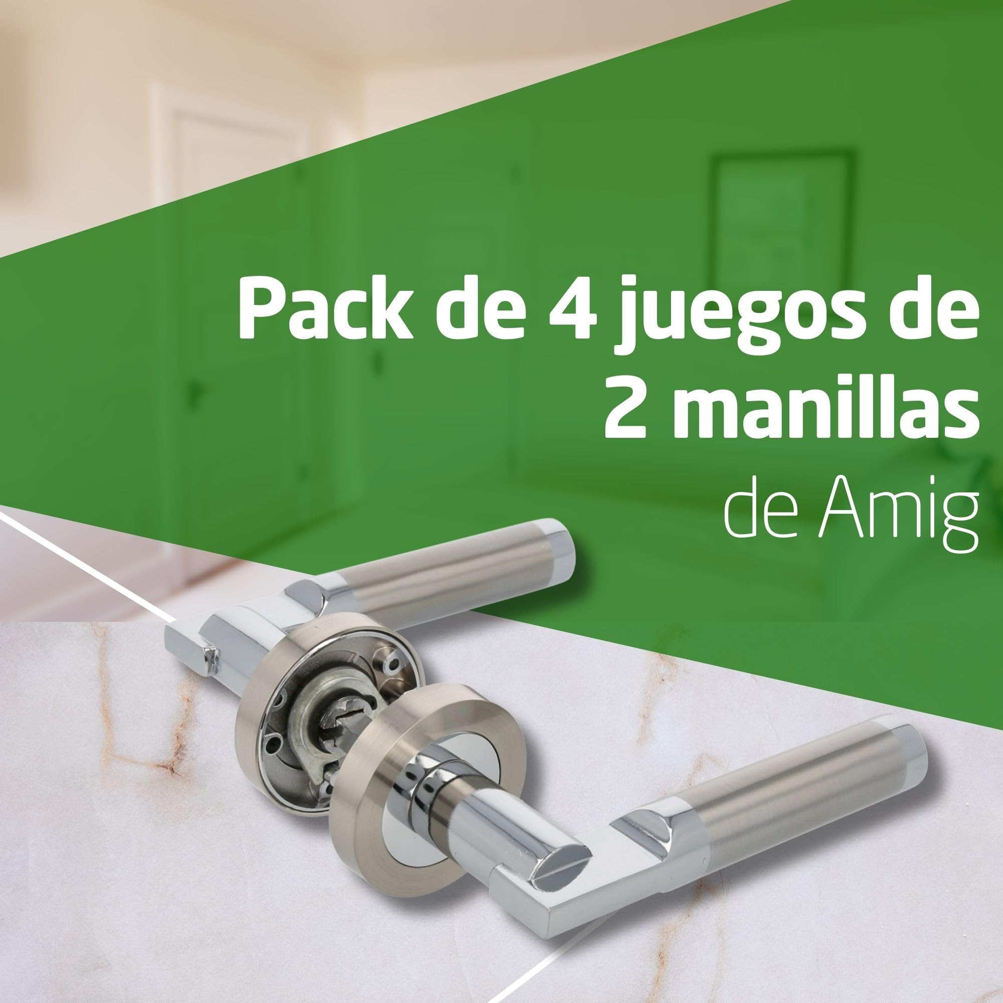 Amig - Pack de 4 Juegos de Manillas de Roseta para Puertas - Mod. RUMI - Ø52 mm - Cuadradillo de 8 mm - Manija de Diseño Elegante y Sencillo - Aluminio Níquel Cepillado
